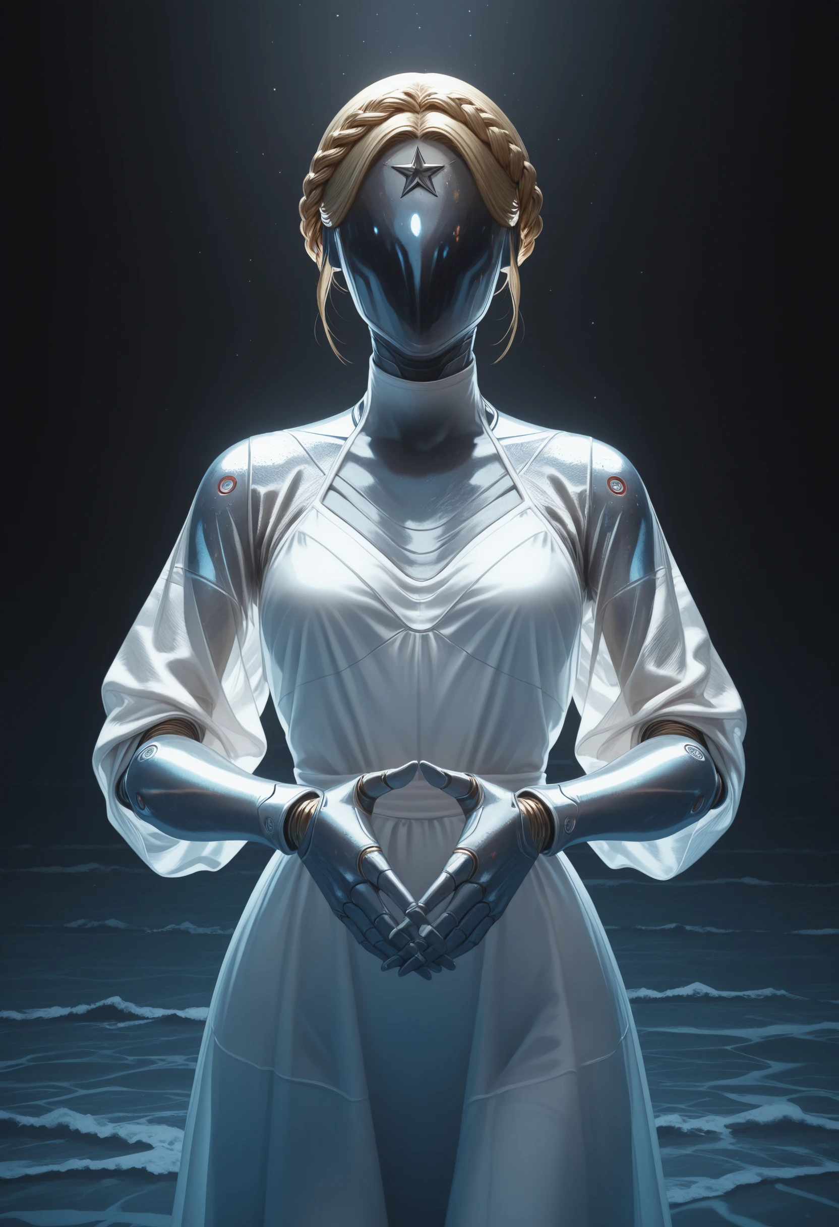 masterpiece, best quality, absurdres, highres, extremely high detail,
<lora:ILAHTwins:1.0>
AHTwins, 1girl, robot, no face, metallic skin, doll joints, blonde hair, braid, star (symbol), looking at viewer, standing quietly by a calm ocean, early morning light, wearing a simple white dress, translucent long hair fluttering slightly, soft and melancholic eyes, ethereal and pure atmosphere, subtle mechanical elements on her skin, minimalistic design, cinematic lighting, soft focus, poetic and emotional mood, Japanese anime style, beautiful detailed face, slight blue and silver tones, feeling of loneliness and hope
