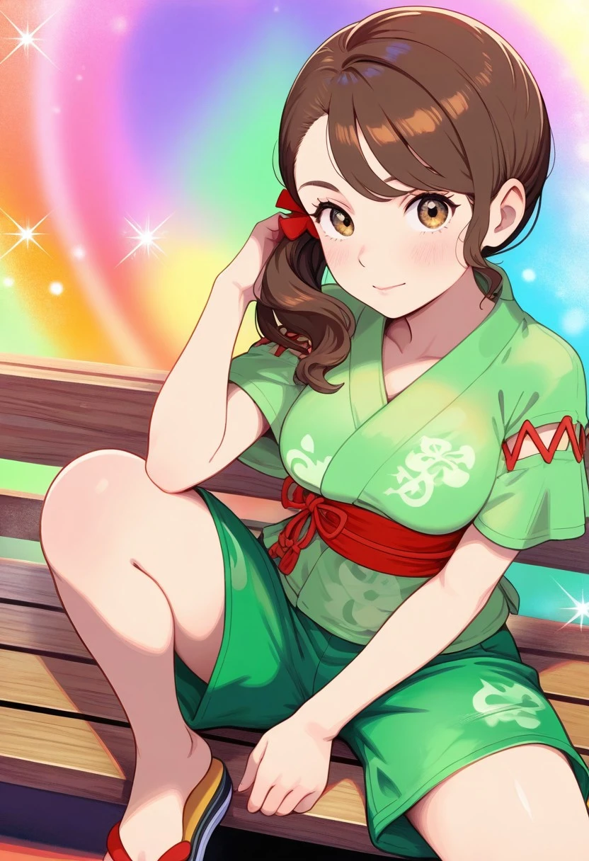 hinosaki, [[leveen]], 2d, masterpiece, best quality, amazing quality, 1girl, solo, multicolored background, sparkle, rainbow background, colorful background, close-up, sitting, on bench , looking at viewer, tmjuliana, brown eyes, side ponytail, brown hair, japanese clothes, collarbone, green shirt, short sleeves, red ribbon, green shorts, pocket, sandals, toes, (mature female, grown up, adult body, medium breasts)