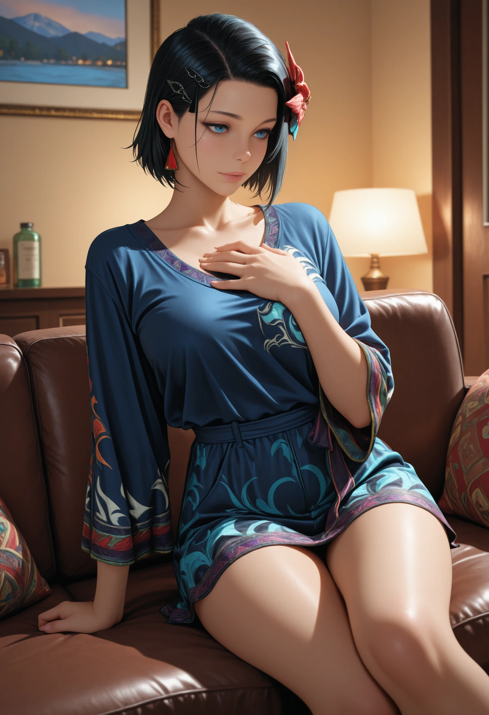 masterpiece, very aesthetic, best quality, absurdres, newest,
<lora:ILT8Azucena:1.0>
T8Azucena, 1girl, black hair, short hair, blue eyes, hair ornament, sitting, on couch, hand on own chest, indoors, living room