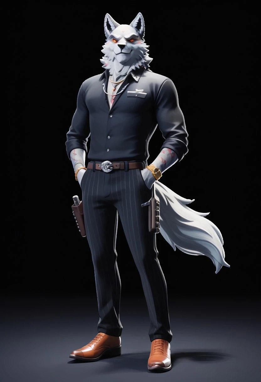 furry, solo anthro, male, smile, hands in pockets, wolf tail, tail, orange eyes, tattoo, colored sclera, jewelry, shoes, black shirt, watch, formal, holster, black pants,