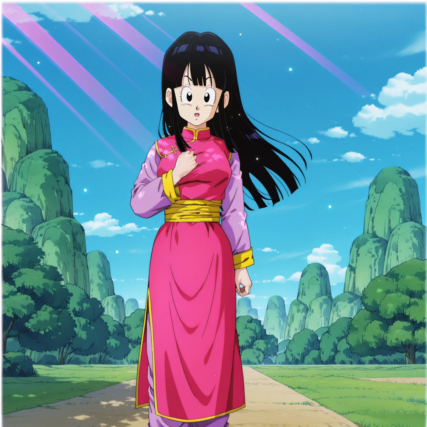 anime screencap, masterpiece, best quality, amazing quality, very aesthetic, absurdres, newest, (scenery, volumetric lighting), dappled sunlight, light particles, light rays, official style,
chi-chi, dbz, (hair down), official alternate costume, 1girl, solo, long hair, open mouth, bangs, black hair, long sleeves, standing, arm by side, hand on own chest, sidelocks, outdoors, sky, day, cloud, hand up, blunt bangs, black eyes, blue sky, chinese clothes, border, pink dress, purple sleeves, purple pants, yellow sash, china dress, straight hair, arm at side, mountainous horizon, eyelashes
<lora:Chi_Chi_ILv3:0.8>