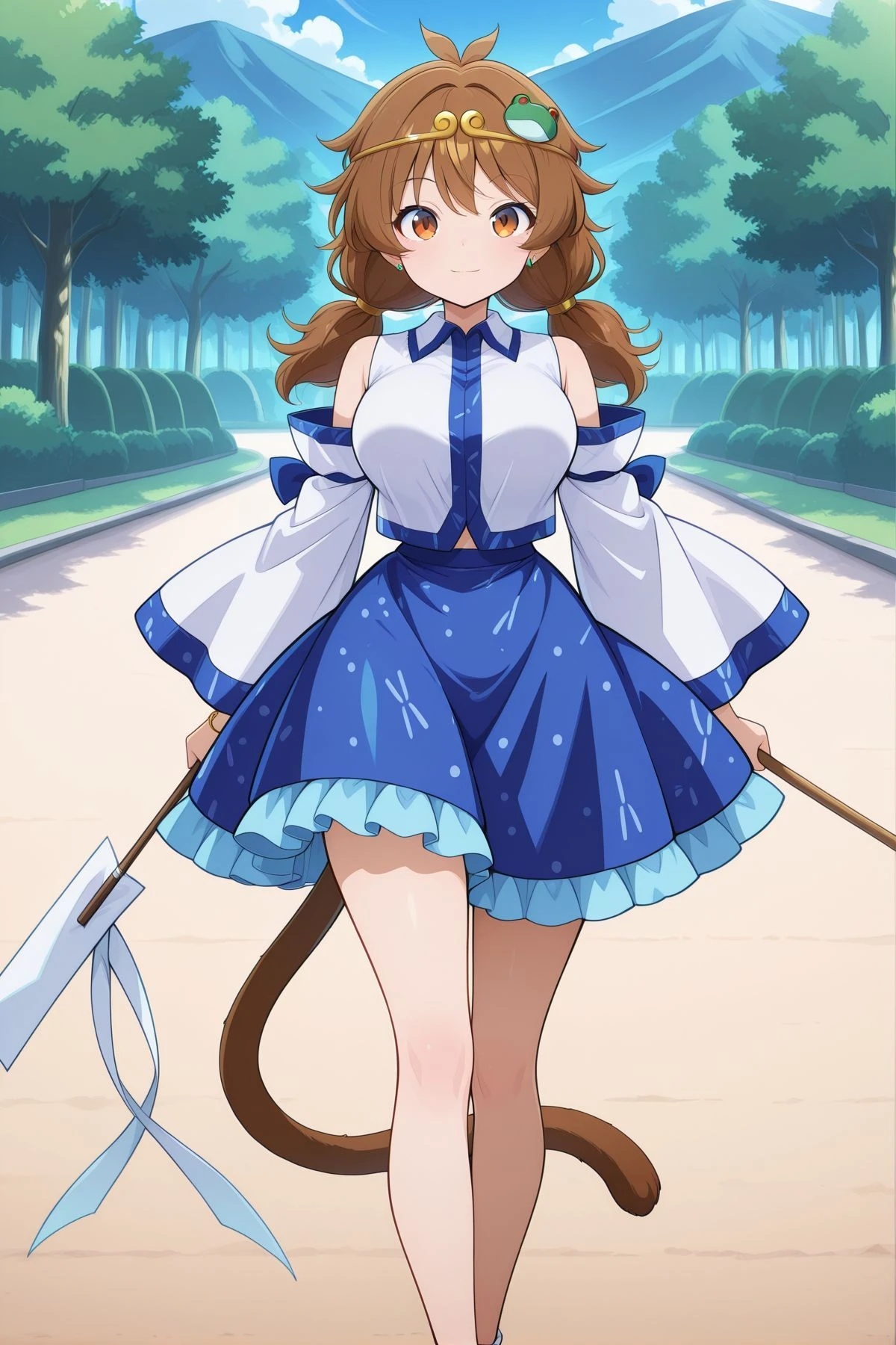 absurdres, highres, masterpiece, best quality, amazing quality, official anime artwork, screencap, anime screencap, outdoors, looking at viewer, light smile, dynamic pose, standing,
 <lora:Son-Biten_Illustrious:1> son biten, 1girl, solo, brown eyes, brown hair, long hair, low twintails, antenna, monkey tail, large breasts,, gold circlet, jewelry, 
<lora:Sanae-Kochiya_Illustrious:1> kochiya sanae (cosplay), frog hair ornament, collared shirt, white shirt, detached sleeves, wide sleeves, blue skirt, frilled skirt, holding gohei,