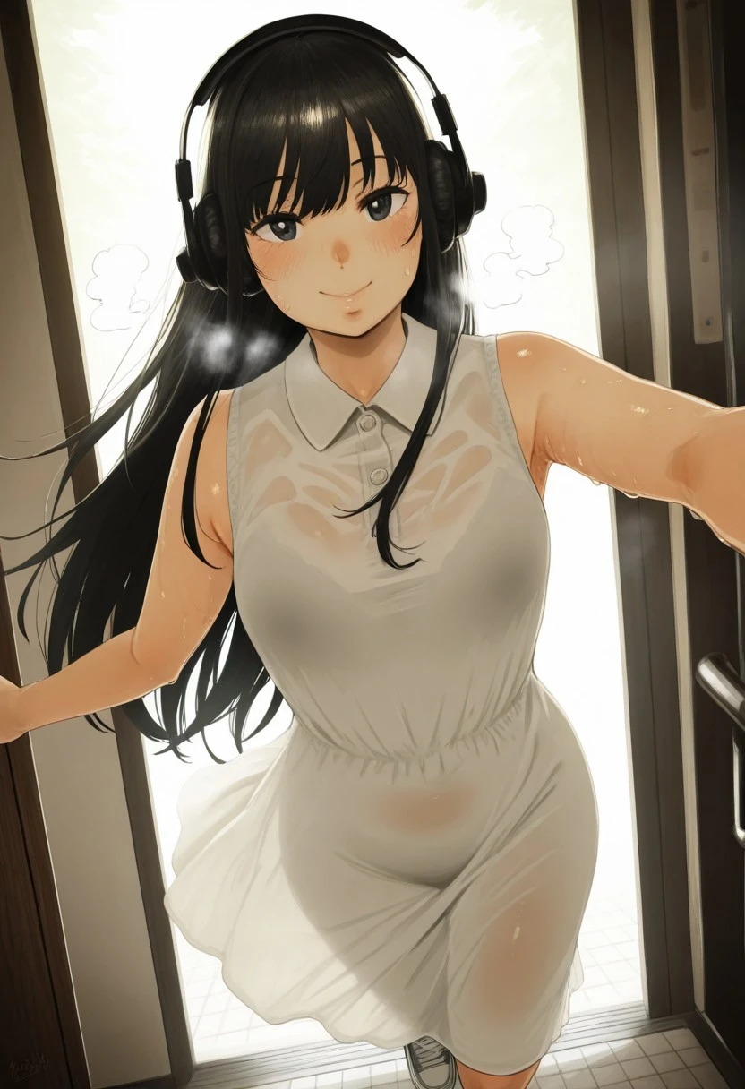 masterpiece, best quality,(amazing quality, good lighting, cinematic lighting, absurdres, highres, 1girl, solo, sfw, safe for work, black hair, black eyes, smiling, silky long hair, smile, black hair flowing naturally, smiling, dynamic angle, huffing, visible breath, running shoes, headphones, flowing dress, sleeveless, covered body,
running, dynamic pose, sweaty, steamy, wet skin, sweatdrop, neisanILL, foreshortening, running, visible sweat, running towards viewer