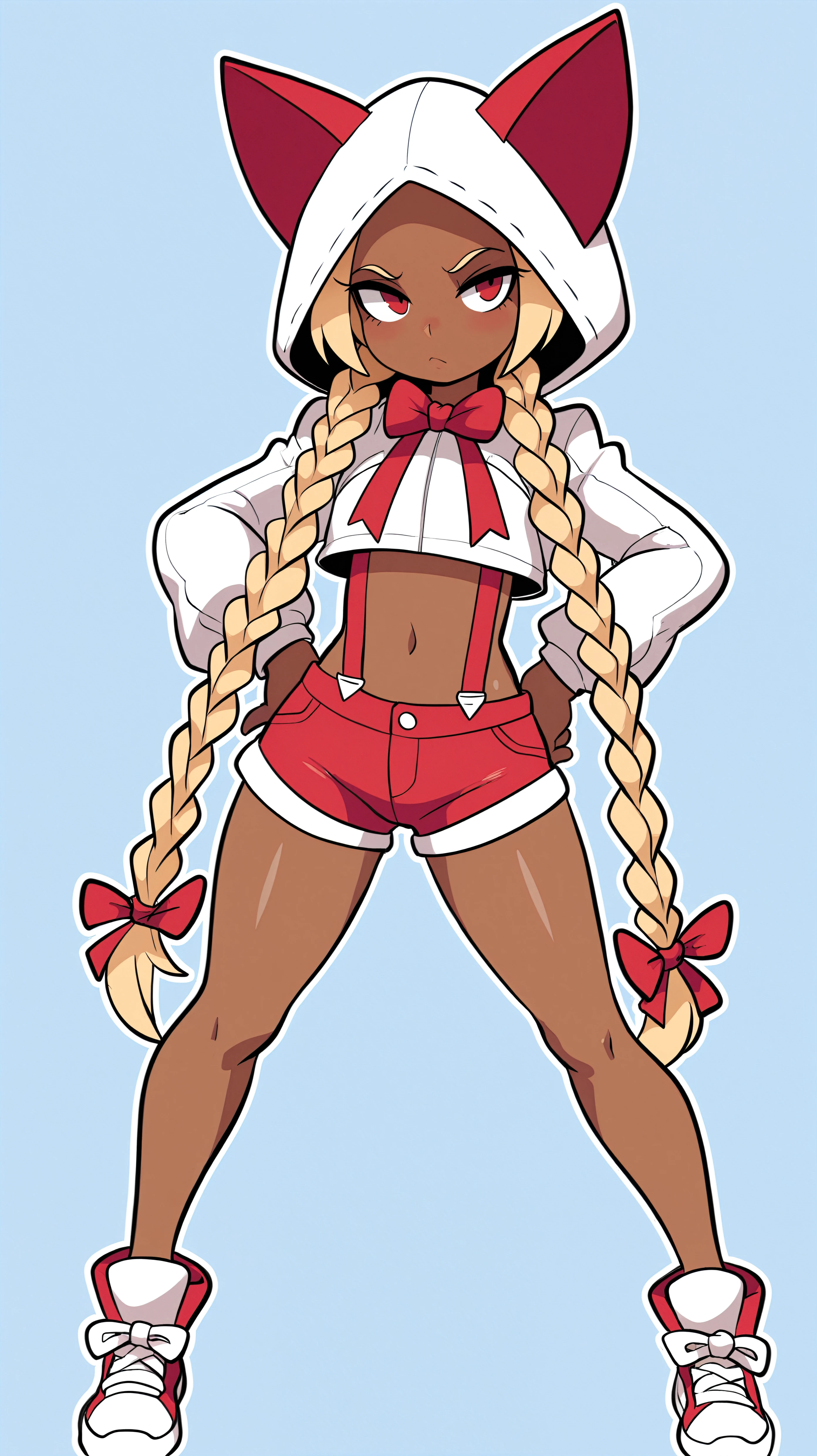 masterpiece, best quality, amazing quality, girl, legs apart, <lora:bdastyle - Illu_epoch_15:0.9>, bdastyle, dark skinned girl, blonde hair, twin braids, extra long braids, white jacket, cropped jacket, hood up, cat ears, red shorts, suspenders, red eyes, red ribbons, low tied hair, simple background,