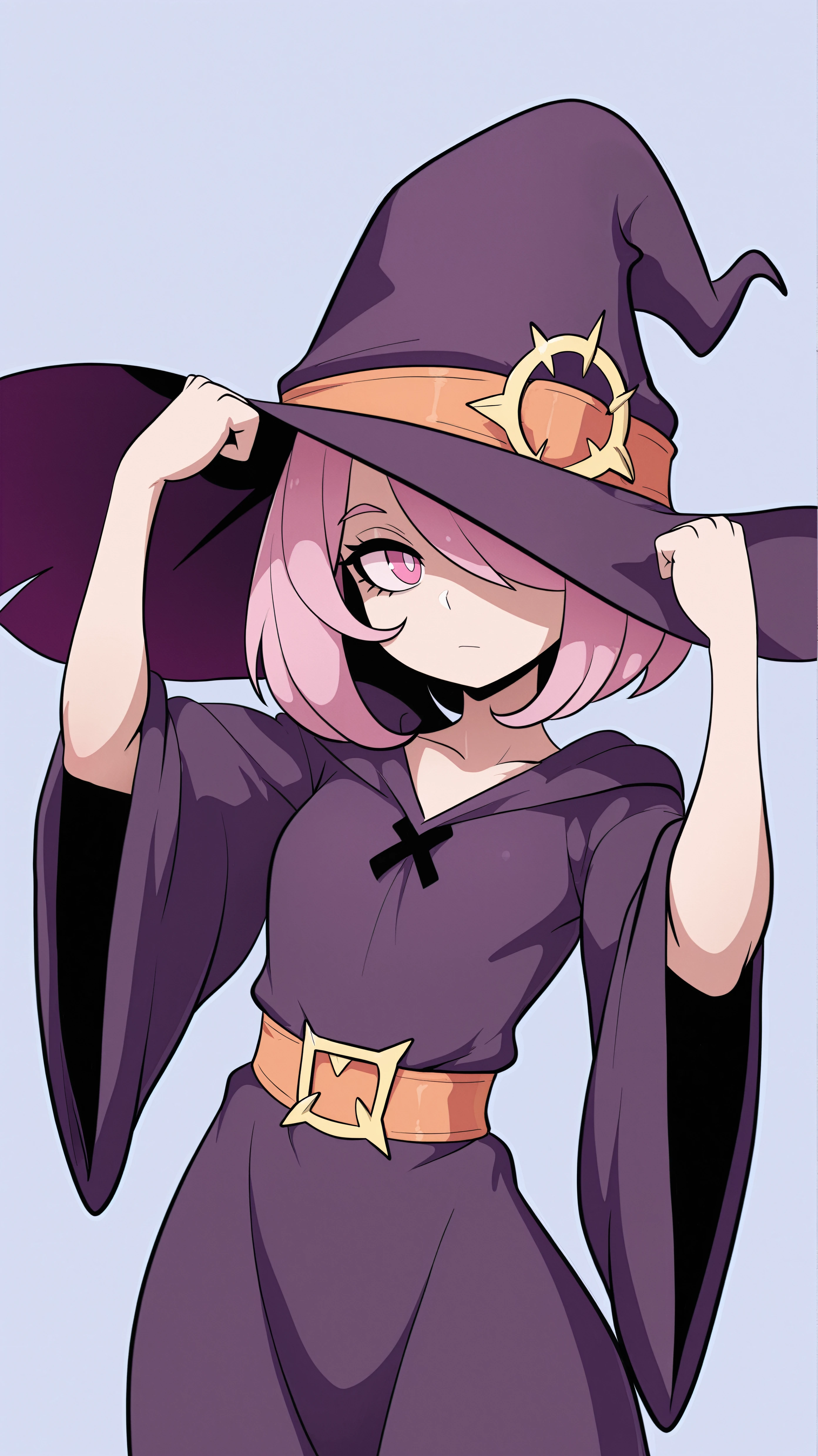 masterpiece, best quality, amazing quality, girl, flexing, <lora:bdastyle - Illu_epoch_15:0.9>, bdastyle, large witch hat, pink eyes, light pink eyes, purple robe, wide sleeves, hair covering one eye, expressionless, simple background,