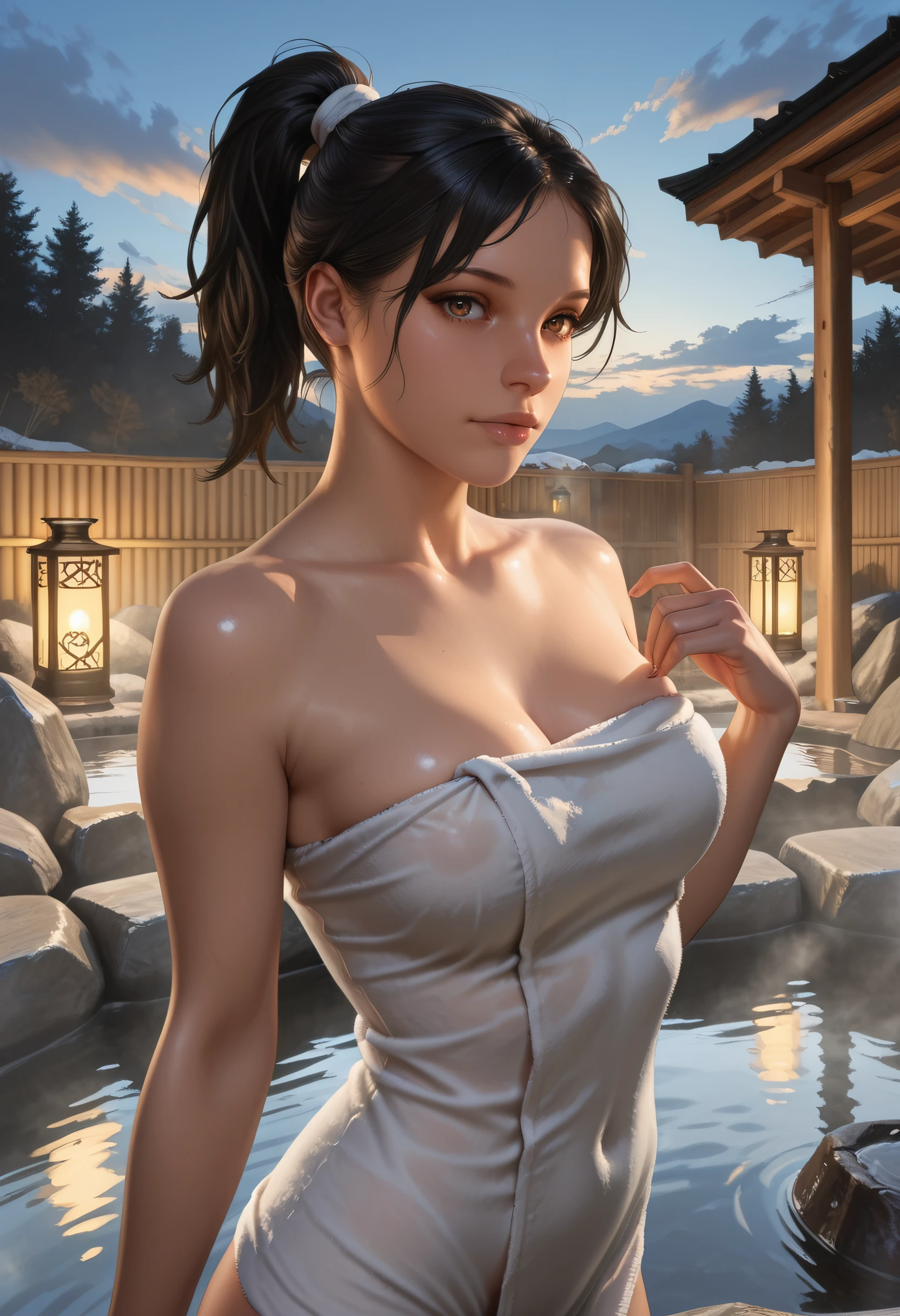 1 girl, (well formed body), (only), HdR, only realistic epic, realistic shadows, ((Highly detailed skin, skin details)), sharp focus, 8K UHD, digital slr camera, high quality, soft cinematic light, Adobe Lightroom, photography laboratory, HdR, Intricate, Highly detailed, (HdR:1.4), sauna, pelvic curtain dress, black hair, towel,