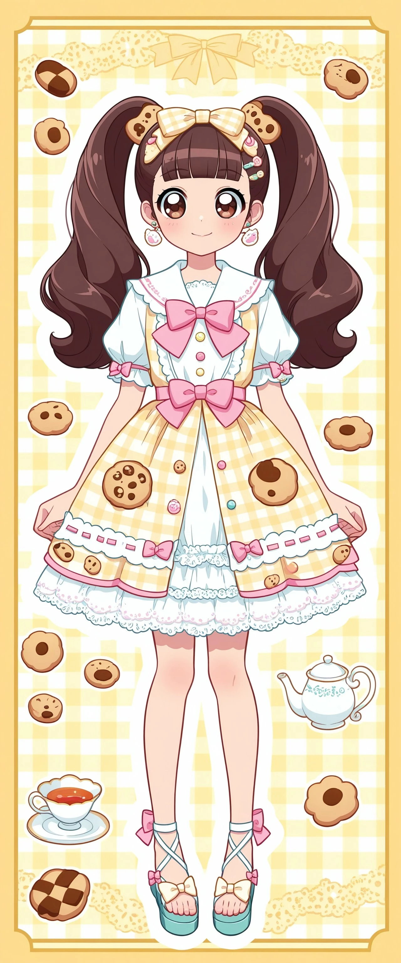 (fullbody, standing, front facing, facing viewer) 1girl, (ta_fashion), twintails, long hair, brown hair, blunt bangs, big eyes, smile, light blush, pastel theme, cute, blue and white dress, loliress, biscuit print, cookie print, printed skirt, scalloped trim, decorative buttons, big buttons, sailor collar, white collar, short sleeves, puffed sleeves, pink waist ribbon, bow belt, lace hem, white lace, short skirt, frilly skirt, knee-length dress, sweet_lolita, el blue, pastel pink, pastel yellow, plaid lolita_headb cookie hair ornament, hairclips, hairpins, small cookie shaped earrings, earrings, teal shoes, bow shoes, open-toe sandals, (detailed background, detailed scenery : 1.2), tea party theme, oversized teacups, yellow gingham background, biscuit wallpaper, pink bow motif, standing on doily, tea set, <lora:19a618b0-9c60-490e-984c-201466b5ed8f:0.7>, <lora:d10e6385-a080-4735-a8cf-9b683731baca:0.7>, <lora:8f398b58-2a62-47d0-8ddf-536c77de0d9c:0.6>, <lora:7fa89c10-5601-4ced-9e6d-e50019f5aa4b:0.5>, <lora:ab19ebf7-99b5-4dc4-8f50-e9330005ed10:0.4>, <lora:e485f886-377e-4727-92e3-947262a0784f:0.3>, <lora:ec98a5c1-8fae-42a7-ade0-cd20988d5e84:0.3>, <lora:more_details:0.7>, , , , , , , ,