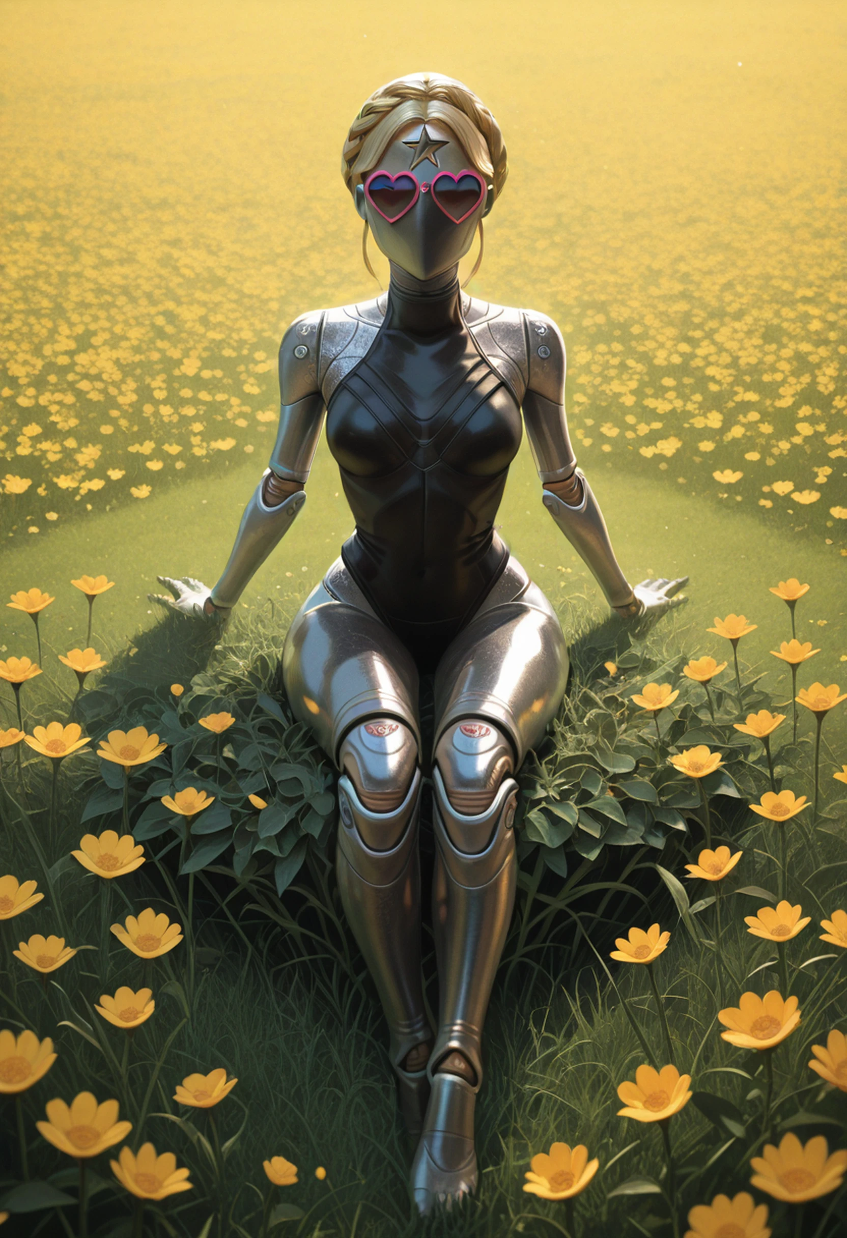masterpiece, best quality, absurdres, highres, extremely high detail,
<lora:ILAHTwins:1.0>
AHTwins, 1girl, solo, robot, no face, metallic skin, doll joints, blonde hair, braid, star (symbol), looking at viewer, sitting, dynamic pose, full body, on the grass, heart shaped glasses, in a flower field