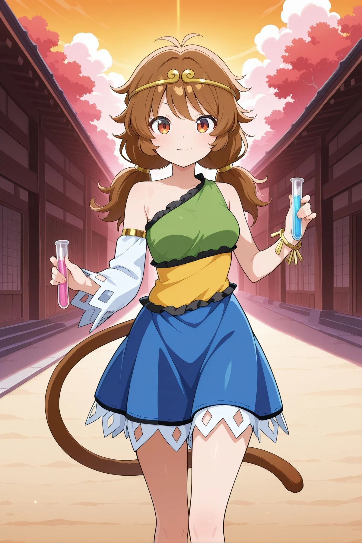 absurdres, highres, masterpiece, best quality, amazing quality, official anime artwork, screencap, anime screencap, outdoors, looking at viewer, light smile, dynamic pose, standing,
 <lora:Son-Biten_Illustrious:1> son biten, 1girl, solo, brown eyes, brown hair, long hair, low twintails, antenna, monkey tail, gold circlet, jewelry, green dress, sleeveless dress, single-shoulder dress, single detached sleeve, bracelet, yellow dress, blue skirt, holding test tube,