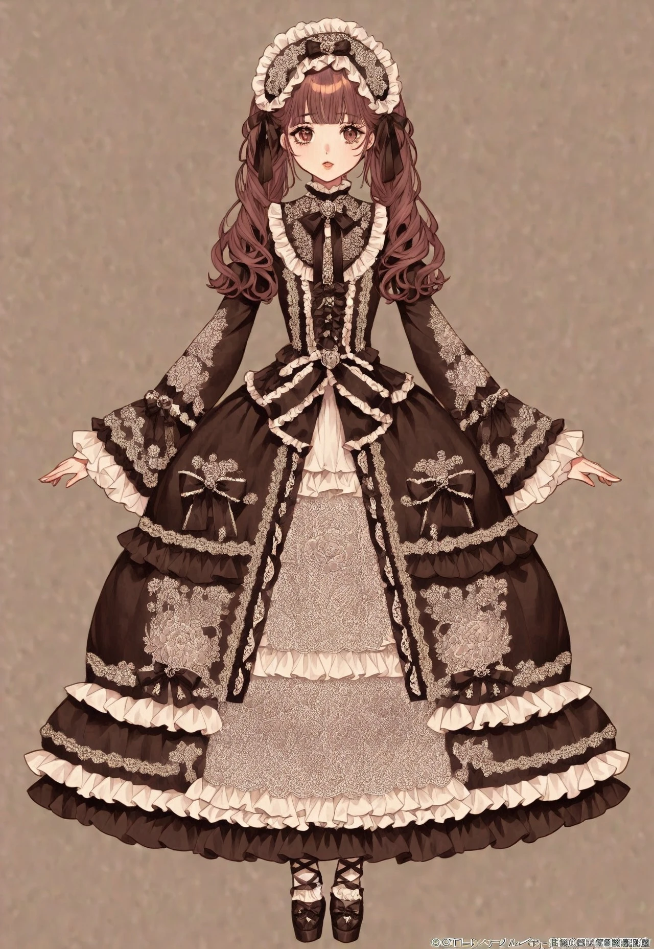 ((fullbody)) 1girl, ta_fashion, hyperdetailed clothing and fashion, detailed dress, ornate dress, print dress, bow, ribbon, loliairband, frills, ruffles, hair ribbon, hair ribbons