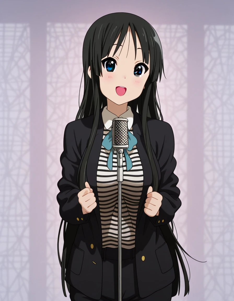 masterpiece, best quality, amazing quality,, <lora:mio-akiyama-s2-illustriousxl-lora-nochekaiser:1>, mio akiyama, akiyama mio, long hair, bangs, black hair, black eyes, hime cut, mature female, medium breasts, anime screencap, <lora:never-gonna-give-you-up-illustriousxl-lora-nochekaiser:1>, never gonna give you up, shirt, pants, black pants, smile, dancing, collared shirt, jacket, microphone stand, microphone, blush, long sleeves, bowtie, white shirt, striped, black jacket, striped shirt, open mouth, singing, open clothes, looking at viewer, hands up,,