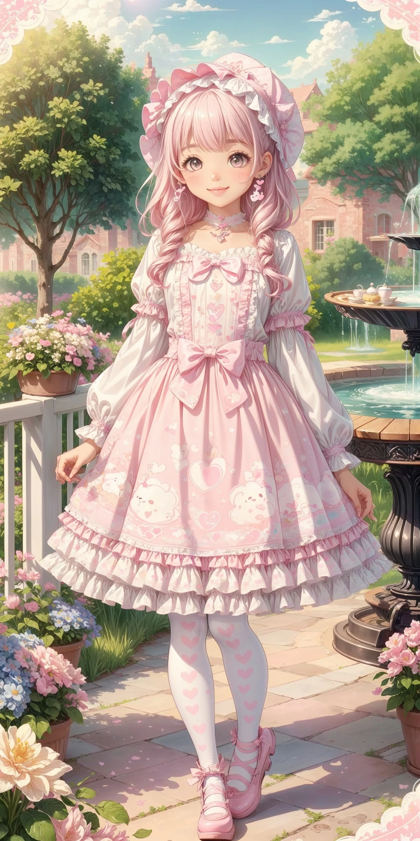 (fullbody, front facing, facing viewer) (pastel colors, pastel pink, pink theme), 1girl, blush, smile, ta_fashion, hyperdetailed clothing and fashion, detailed dress, pink and white heart print ornate dress, print dress, heart print dress, pastel pink heart print, pink waist ribbons, hip ribbon, pastel pink bows, pink bows, pink ribbon, pastel pink and white cross-laced loliairband, (bonnet), pastel pink frills, white ruffles, hair ribbon, hair ribbons, hot pink heart-shaped earrings, ribbon choker, white and pink ribbon-trimmed heart print pantyhose, (detailed background, detailed scenery : 1.2), outdoors, garden, (verdant trees, flowers, planter, potted plant, fountain, tea party, table, tiered tray, cupcakes, teapot, teacup, lace doily, gingham tablecloth), , <lora:more_details:0.7>, <lora:CutePainting:0.4>, <lora:scene_:0.5>, <lora:FashionComplexityEnhancerLORAv1:0.4>, <lora:6c1b449b-596b-45d5-83ea-72427ad7818e:0.6>, <lora:1d8f3a77-4dbe-43e0-9bc8-a0bbcf6a7016:0.4>, <lora:96073874-f082-4683-942e-601cecac5c40:0.3>, <lora:f7d08feb-f21d-42d0-9ef1-a9481867524d:0.3>, , , , ,