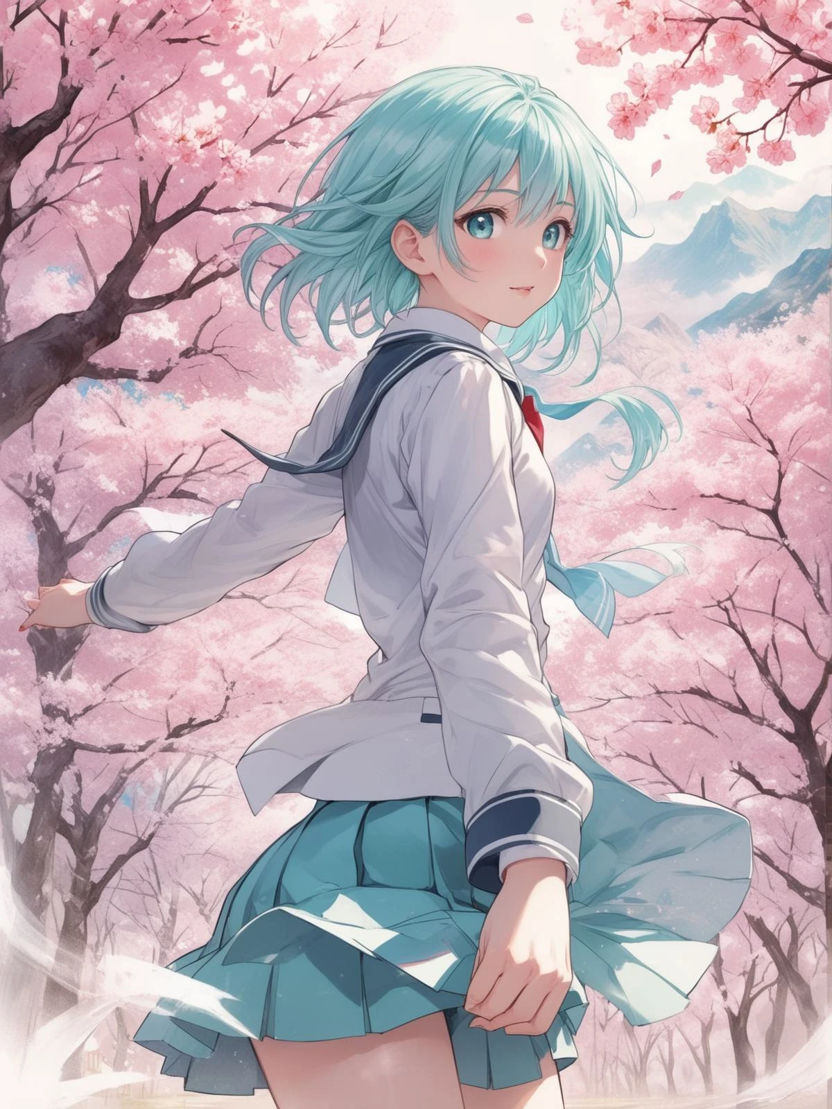 cute short light cyan hair dere anime girl girl in school uniform in sakura valley, dynamic pose, fantasy background, earnest facial expression, manga, super quality, score_9, pencil sketch, double exposure, radiant vibe