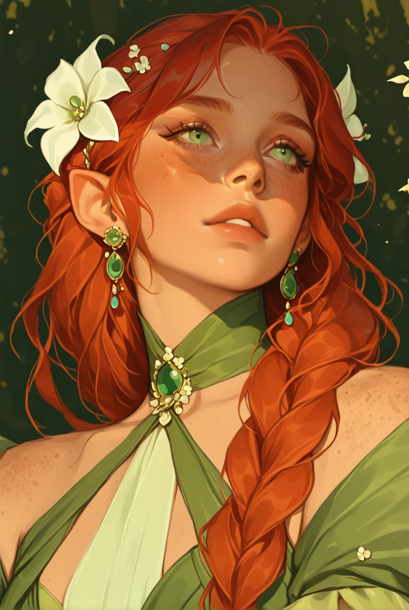 3l3ganc3, semi-realism, 1girl, solo, jewelry, green eyes, flower, freckles, long hair, ginger hair wavy, earrings, choker, parted lips, lips, hair flower, hair ornament, portrait, braid, red hair, looking away, eyelashes, looking up, pointy ears, hair over shoulder, nose, princess, high fantasy, green elegant gown <lora:Elegence_Niji-000011:1.2>