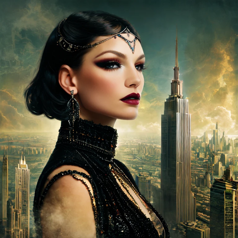 <lora:Arcane_Decopunk_FantasySD1:1> Arcane Decopunk Fantasy, The image shows a woman in a black dress standing in front of a city skyline with a skyscraper in the background., 1girl, solo, black hair, realistic, jewelry, black eyes, earrings, city, makeup, building
