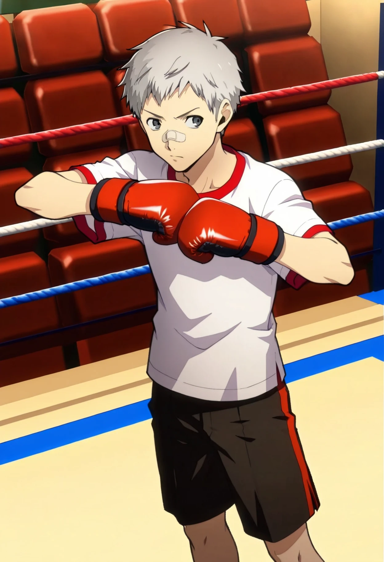 (((best quality, high resolution, masterpiece, very detailed))), <lyco:husbandoLocon_v4:0.3>,   anime screencap, 1boy, solo focus, male focus, short hair, depth of field,  <lora:Character - KHR - Ryohei Sasagawa:0.7> ryoheisasagawa, white hair, grey eyes, band aid, boxing ring, fingerless gloves, dynamic pose, fighting pose, necklace, smile, topless,