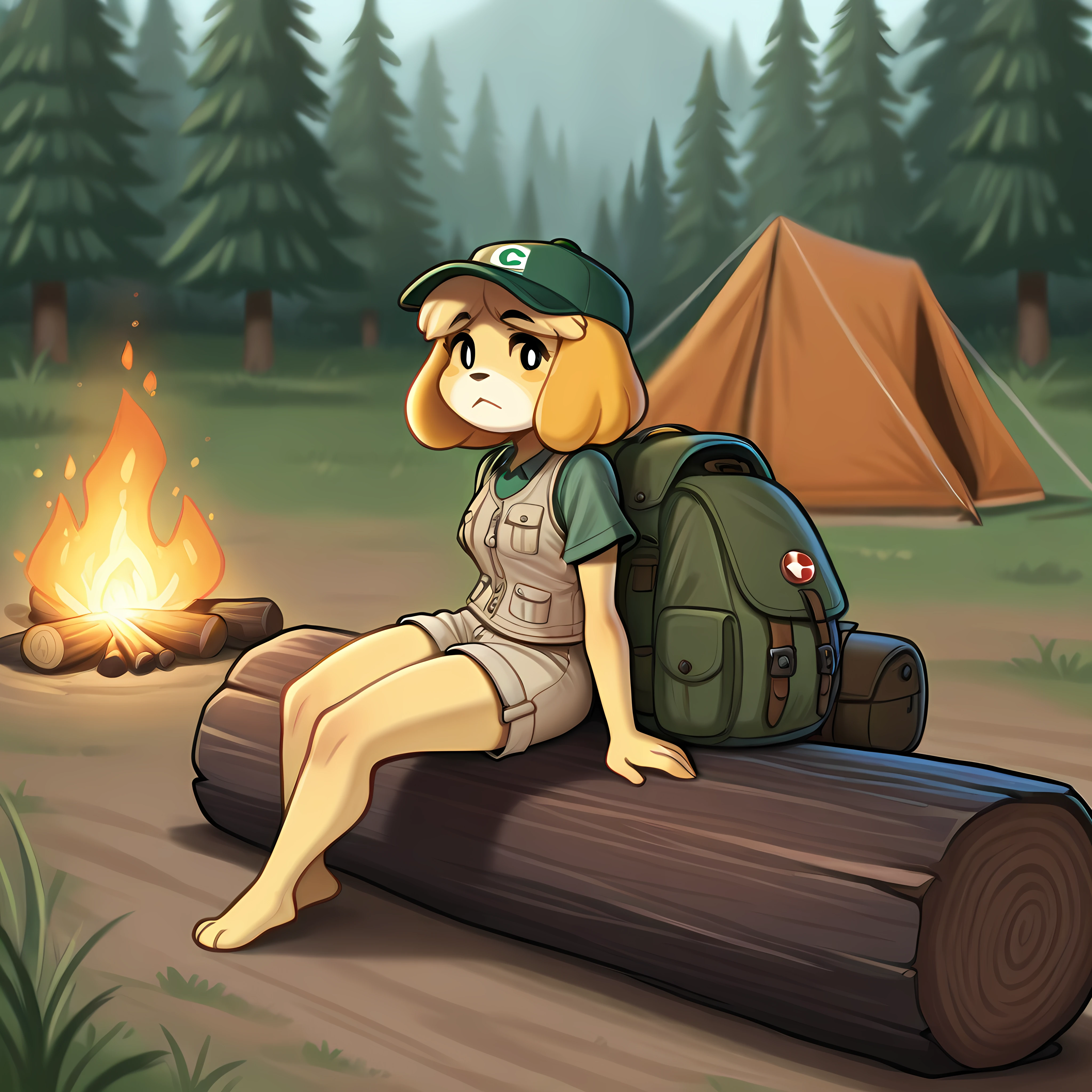 Masterpiece, newest, perfect quality, best quality, c4mps1t3, outdoors, campfire, tent, nature, log, 1girl, solo, cowboy shot, looking at viewer, sitting on log, backpack, khaki shorts, green shirt, khaki vest, baseball cap, Isabelle Animal Crossing