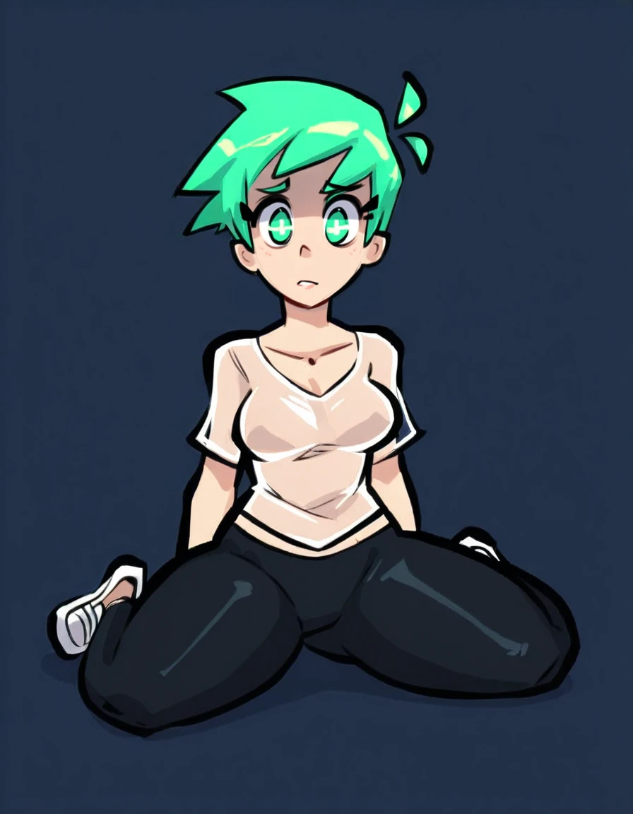 (masterpiece), (highest quality), ((Super detailed))、(super delicate)、Cute naughty wizard girl、Pastel colors hair、small breasts、Thighs、Gorgeous、lime green hair, (naked:1.2), high ponytail, medium hair, standard height, (disdain:1.3, jitome, simple dead eyes, droopy eyes, smirk, sleepy)