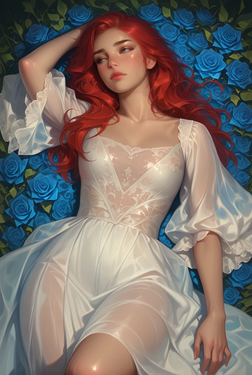 The Sleeping Woman, Realistic, She is dressed in pajamas, red hair color, parallax, Ultra Hyper Mega Contrast, sleeps on a chic bed, covered with rose petals, tmasterpiece, Winner of the photo contest, Beautiful lighting, Bioluminescent pollen in the air, Aestheticism, perfectionism, Art Nova, Correct shapes