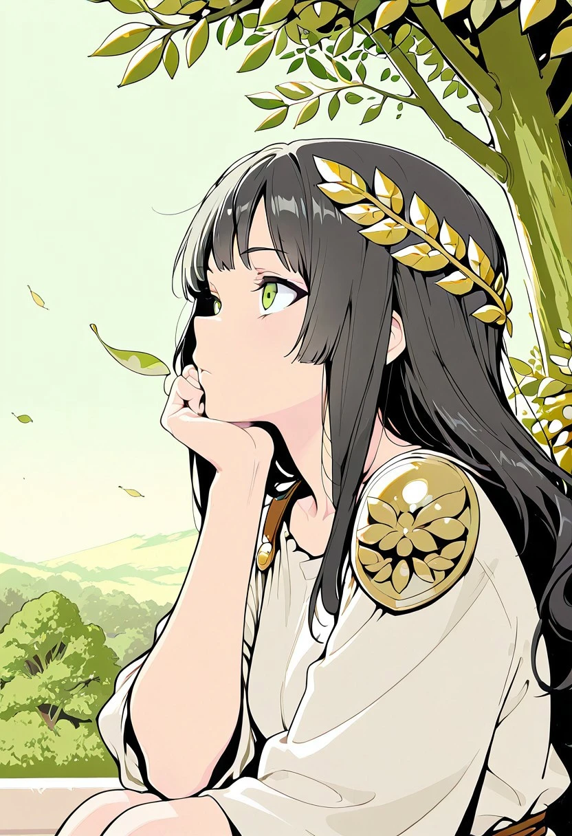 flat colors, masterpiece, best quality, amazing quality,
1girl, solo, girl, black hair, green eyes, upper body,
long hair, looking afar, head rest, white Toga, bronze shoulder pins, brown string belt, green leafy laurel
balcony above the green olive tree canopy, pale green sky,outdoors, green olive trees,lit torches, falling leaves