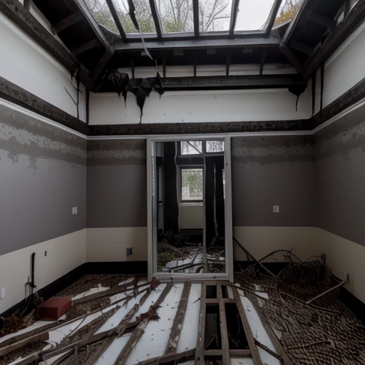 <lora:Oddly_terrifying:0.9>, terrifying, building, no humans, path, interior, (extra rams), pipes, metal pipe, falling leaves, roof, roofers, damage, lake, mirror, mirrors, selfie, abandoned, realistic