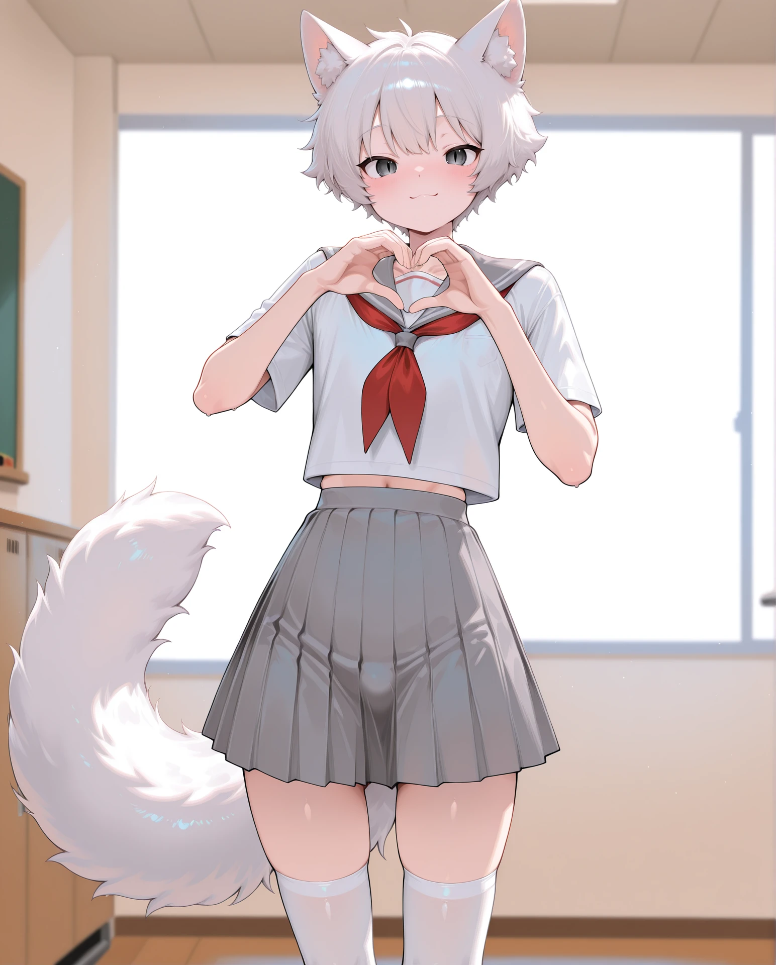((1 girl))、(smile:1.5)、small breastsのヌード、(cowboy shot)、(fun!!)、(white cardigan:1.5)、(blush:1.5)、(silver hair)、Chest roll-up clothing,pull clothes,((flat chest:1.3))、((I can see your nipples:1.5)),(dog ears), No bra, (black skirt),look down, ((classroom:1.5))Upper body,classroomのシャツロールアップシャツセーター高解像度,look down, Upper body,Fair skin,classroom,small breasts,shaved pussy、long hair、light blue eyes