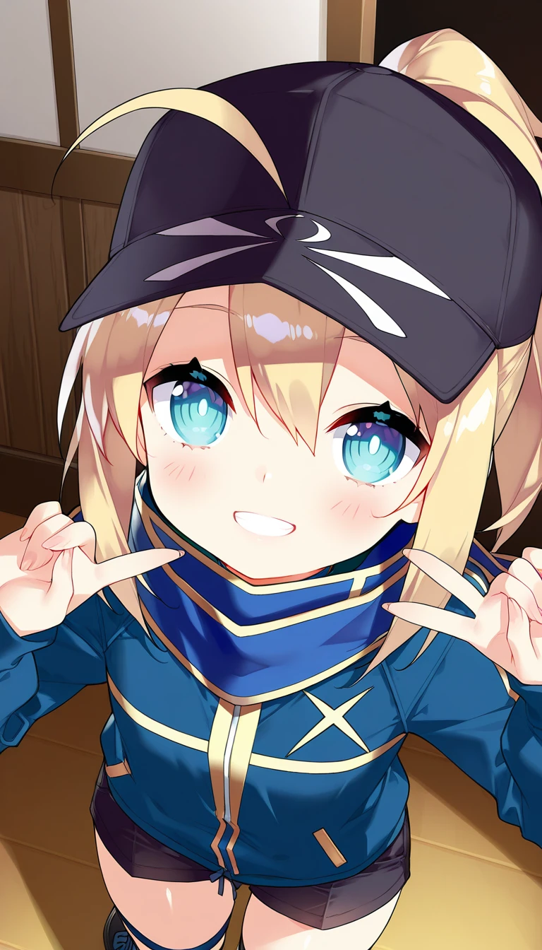(masterpiece),best quality,amazing quality,very aesthetic,absurdres,newest,perfect body,shiny skin,perfect eyes,detail1eye,well-defined fingers,well-defined fingernails,anime style,indoors,1girl,solo,upper body,(portrait:1.5),looking at viewer,facing viewer,smile,blush,aged down,Saru style,bright pupils,mysterious heroine x \(fate\),ahoge,baseball cap,black headwear,long hair,blonde hair,ponytail,hair between eyes,blue eyes,blue scarf,blue jacket,track jacket,black shorts,short shorts,knee boots,black footwear,cross-laced footwear,