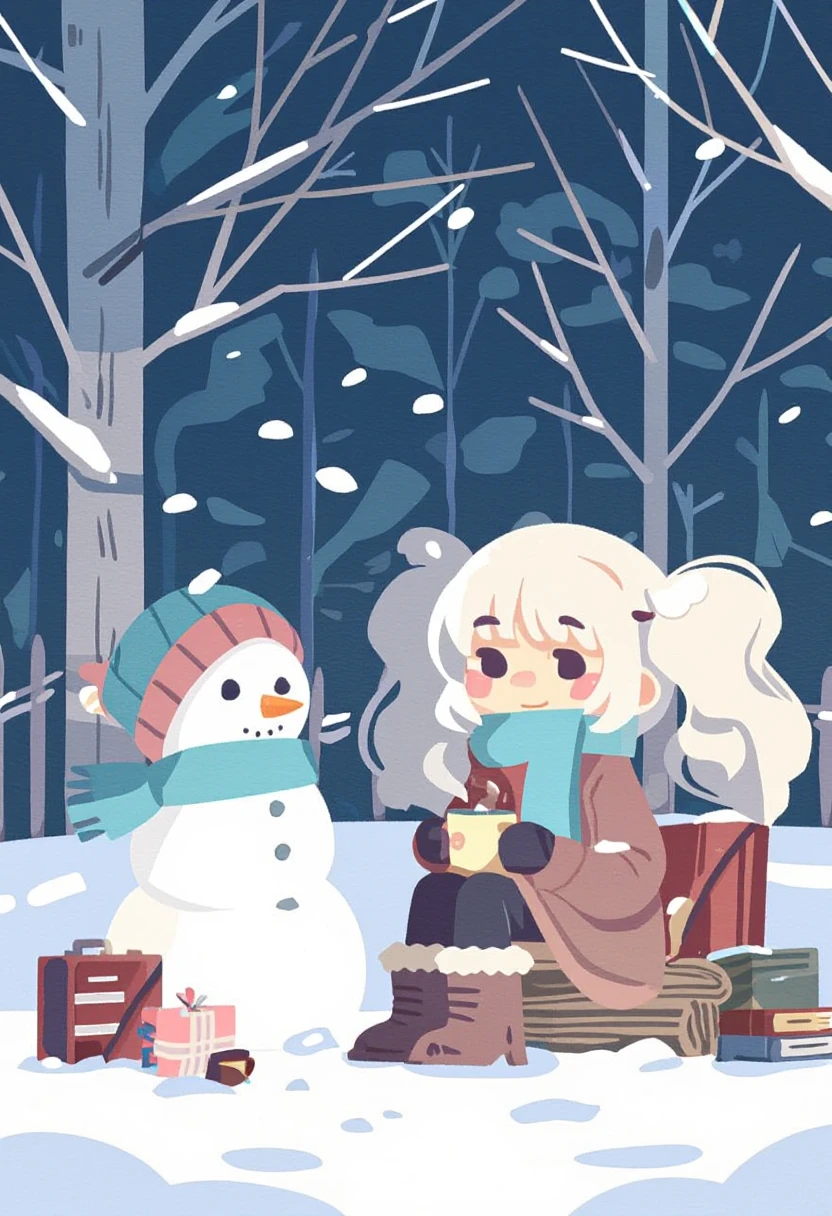 flat color, no lineart, blending, negative space,
artist:[ponsuke kaikai|hara id 21],

snowman, frieren, elf, outdoors, sitting, blue scarf, twintails, holding cup, boots, log, earrings, mug, solo, suitcase, forest, bare tree, parted bangs, sky, white hair, steam, long hair, breath, black pantyhose, winter clothes, coat, long sleeves, fringe trim, blush, cloud, book, brown footwear, light smile, 

masterpiece, best quality, very aesthetic, absurdres