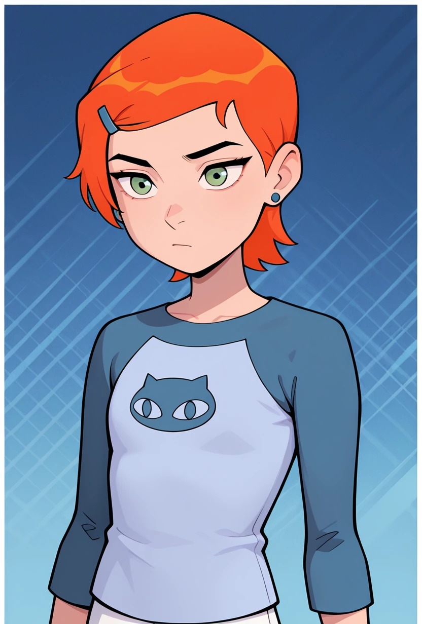 <lora:gwenos-08:1> gwenos, short hair, hairclip, orange hair, 1girl, green eyes, earrings, solo, blue shirt, raglan sleeves, cat print, white pants, blue background, ((cartoon, screencap)), masterpiece, best quality, amazing quality, very aesthetic, absurdres, newest,, ((upper body, halftone effect, white borders, abstract background:1.2,))