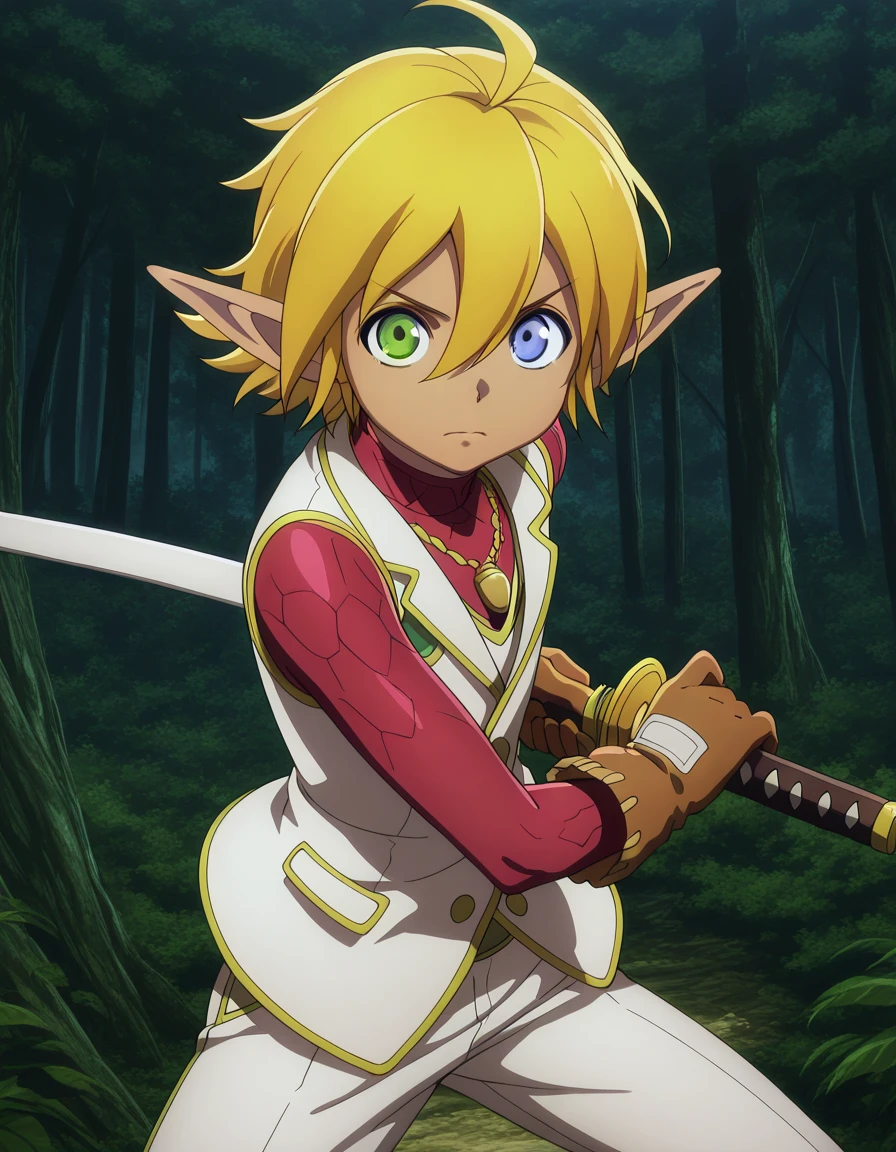 masterpiece, best quality, amazing quality,, <lora:aura-bella-fiora-s1s2-illustriousxl-lora-nochekaiser:1>, aura bella fiora, short hair, blue eyes, blonde hair, hair between eyes, green eyes, ahoge, pointy ears, dark skin, heterochromia, elf, dark elf, anime screencap, gloves, jewelry, necklace, vest, white vest, pants, white pants,, <lora:battoujutsu-stance-illustriousxl-lora-nochekaiser:1>, battoujutsu stance, looking at viewer, holding, weapon, sword, holding weapon, holding sword, standing, katana, sheath, sheathed, fighting stance, ready to draw, forest, trees, foliage, wildlife, greenery, cowboy shot, solo, looking at viewer
