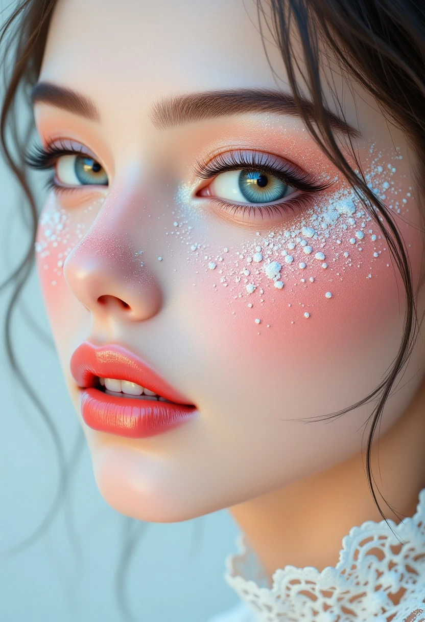 Photorealistic digital painting of an ethereal woman with a porcelain-like, extremely pale complexion and natural warm blush on her cheeks. She has blush-toned eyeshadow and delicate, ethereal facial features. Her face is adorned with a scattering of fine white glitter or powder, especially across her forehead and cheeks. The artwork is highly detailed, with a soft, realistic lighting style that enhances the warm undertones in her skin.