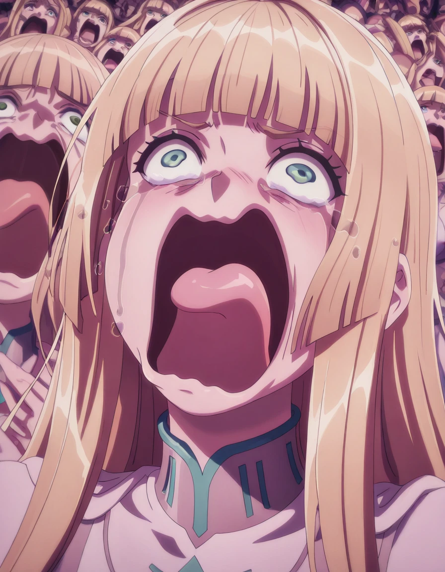masterpiece, best quality, amazing quality,, <lora:calca-bessarez-movie3-illustriousxl-lora-nochekaiser:1>, calca bessarez, long hair,bangs, blue eyes, blonde hair, very long hair, green eyes, blunt bangs, mature female, medium breasts, anime screencap, <lora:crying-aqua-illustriousxl-lora-nochekaiser:1> crying aqua, crying aqua (meme), screaming, crying, crying with eyes open, tears, tongue, open mouth,,