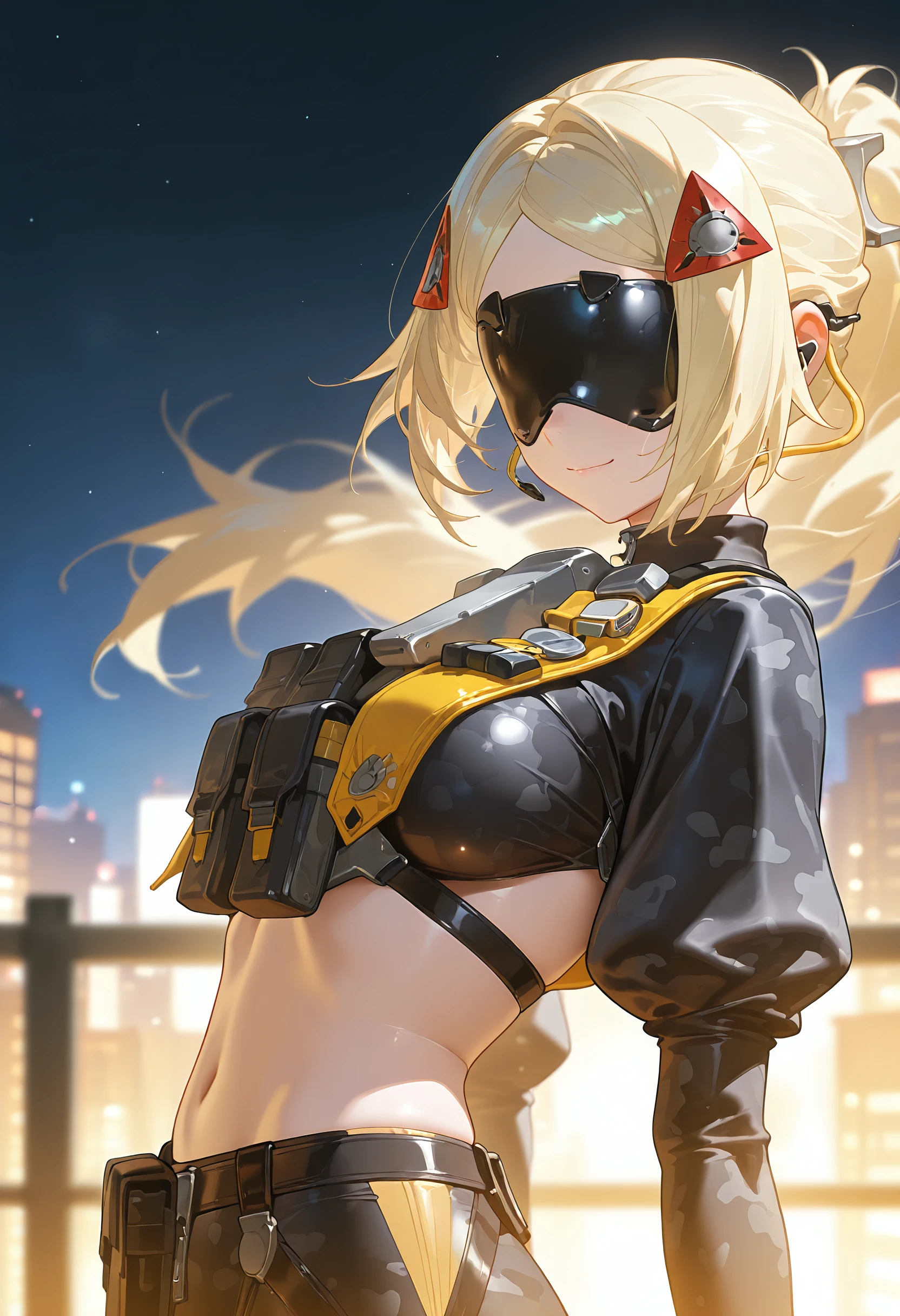 Girl, yellow hair, yellow eyes, 1000, big breasts, exposed stomach, short shorts.