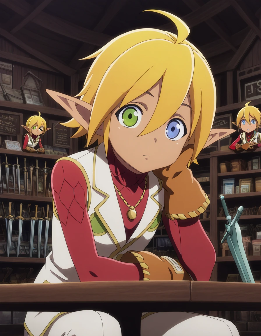 masterpiece, best quality, amazing quality,, <lora:aura-bella-fiora-s1s2-illustriousxl-lora-nochekaiser:1>, aura bella fiora, short hair, blue eyes, blonde hair, hair between eyes, green eyes, ahoge, pointy ears, dark skin, heterochromia, elf, dark elf, anime screencap, gloves, jewelry, necklace, vest, white vest, pants, white pants,, sitting, elbow rest, table,, weapon shop, weapons, display, store, items, cowboy shot, solo, looking at viewer