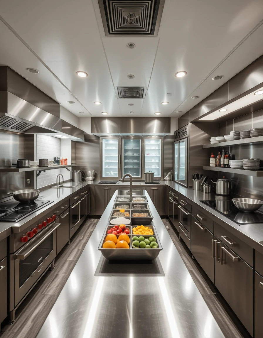 A state-of-the-art kitchen in a five-star hotel, completely empty and immaculately clean. The space features stainless steel countertops, commercial-grade stoves, double ovens, and induction cooktops, all polished to a shine. Overhead ventilation hoods and ambient lighting reflect off the sleek surfaces. A central prep island is neatly arranged with high-end cooking tools, bowls, and fresh ingredients ready for use. Along the walls, refrigerated drawers, walk-in coolers, and shelves stocked with spices and gourmet supplies are perfectly organized. The atmosphere is calm, professional, and ready for elite culinary service â a luxurious space awaiting its chefs.
,hotel k1tch3n <lora:hotel_k1tch3n-i:1>, Masterpiece,best quality,hi res,8k,hi res,8k,award winning,(sharp focus, intricate, highly detailed),