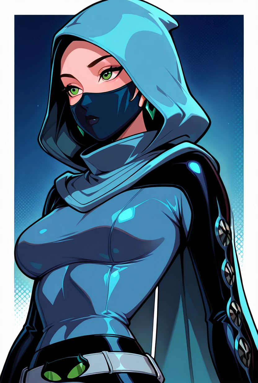 <lora:gwenfut-08:1> gwenfut, 1girl, green eyes, solo, mouth mask, blue hood, breasts, jewelry, bodysuit, cape, belt, lips, long sleeves, scarf, blue background,, ((upper body, halftone effect, white borders, abstract background:1.2,)), masterpiece, best quality, amazing quality, very aesthetic, absurdres, newest,