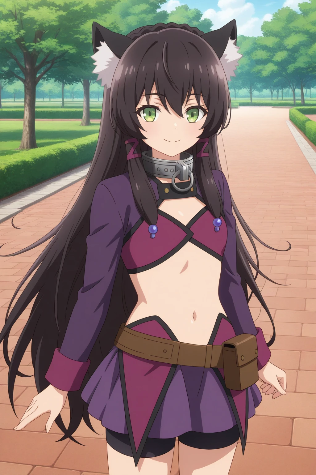 rem  <lora:rem galleu:0.8> , exposed belly, neck chain, long black hair, beautiful face, green eyes, cat ears, cat tail, standing, light  smile, knee boots, (masterpiece:1.2), best quality, absurdres, extremely detailed wallpaper, perfect lighting, cowboy shot, simple background,