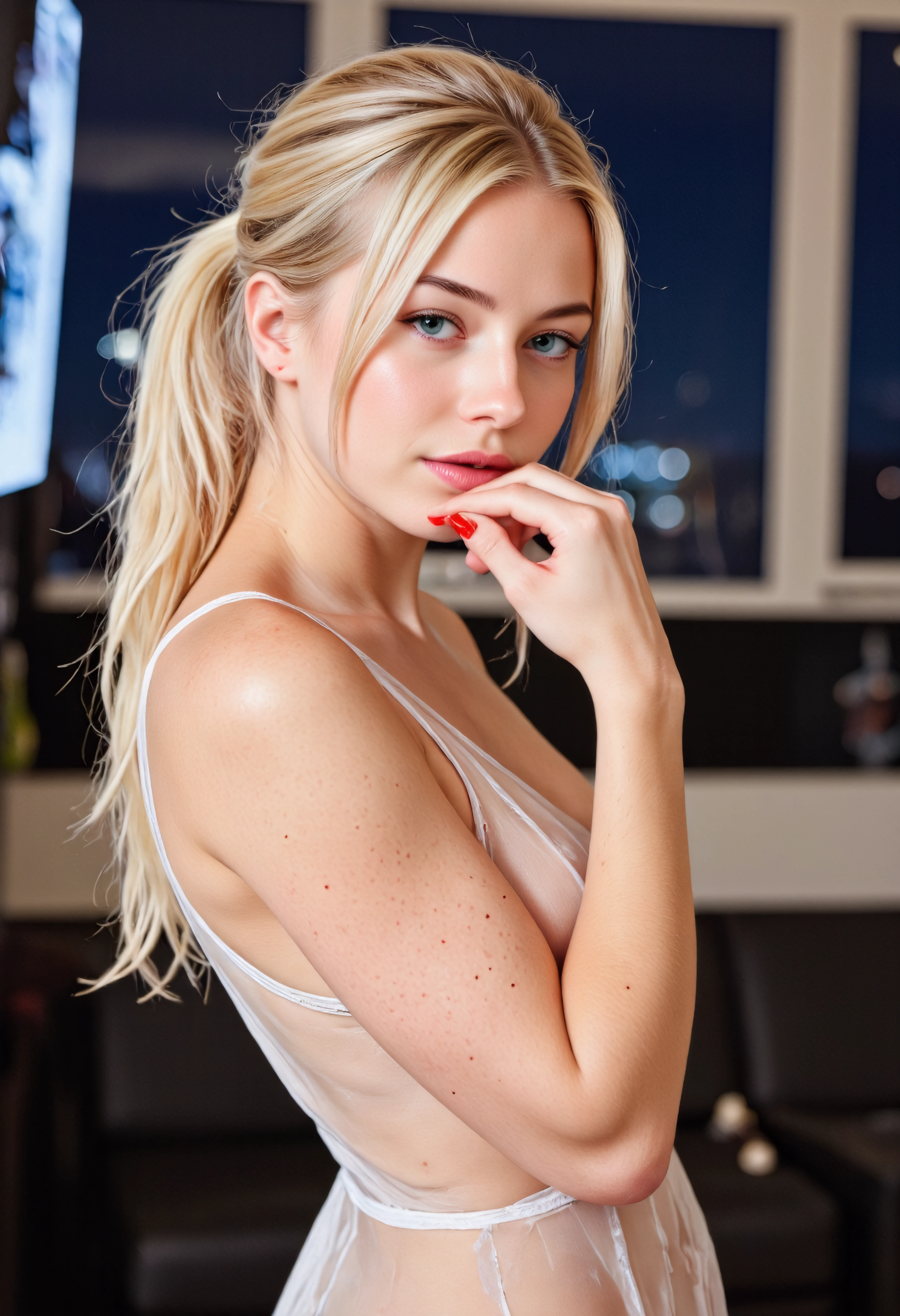 NSFW, naked, nude, naked pussy, How filled, How, facialized,((Best Quality)), ((masterpiece)), (detailed), 1 girl, (naked) pubic hair, Caucasian (white blonde hair:1.3), skinny pretty, Ponytail hairstyle, 22 years:1.3, open legs pose, eye constitute:1.2, big lips:1.3, full body visible in a dark blue restaurant, pov from below, ( short height skinny pretty:1.3), naked, seductive pose, realistic photo, ((4k)) sweaty, open legs pose, 