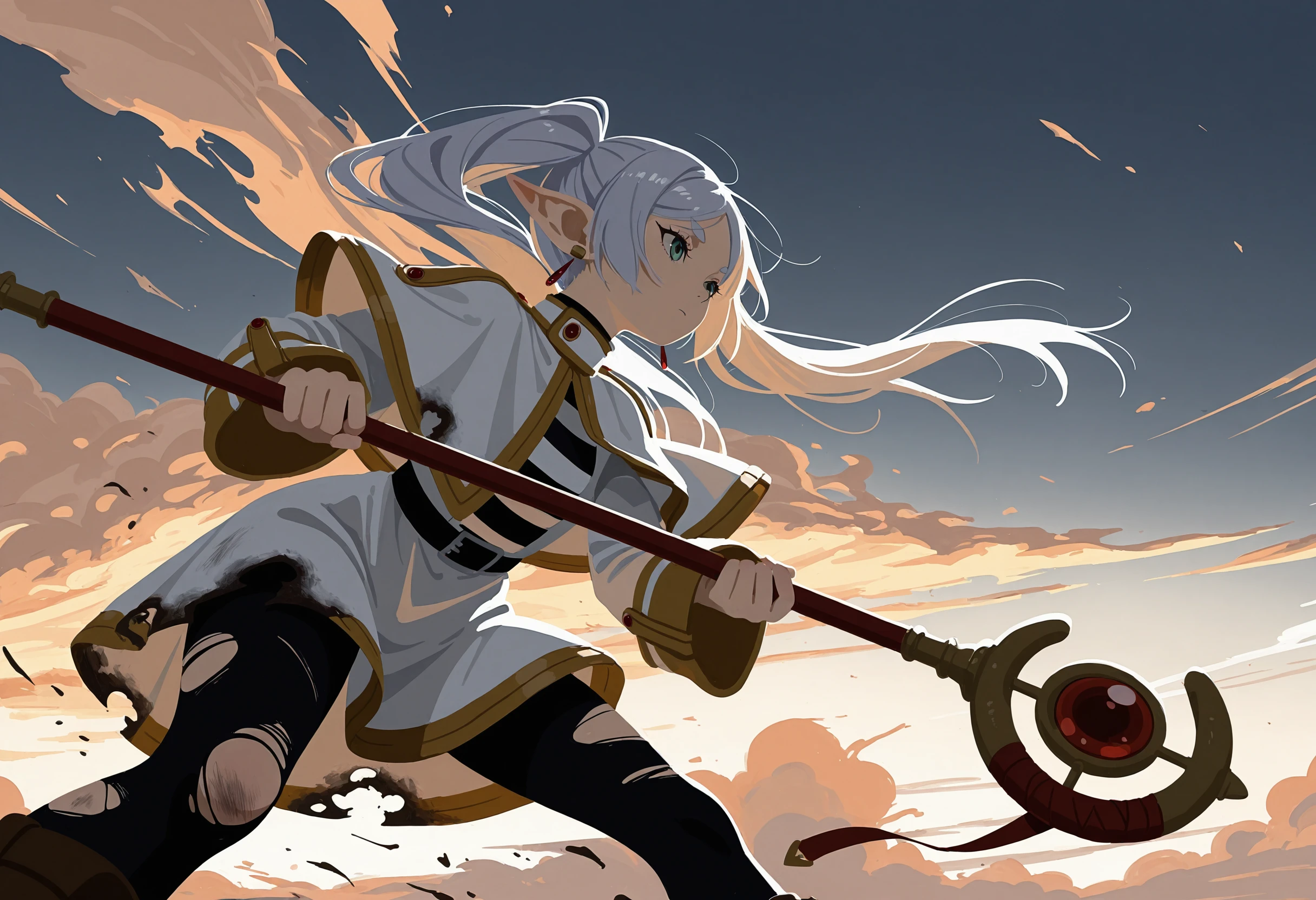 masterpiece, best quality, absurdres, very aesthetic, highres, very awa, (no lineart:1.3),
1girl, frieren, holding staff, fighting stance, leaning forward, wind, cloud, torn clothes, burnt clothes, torn legwear,