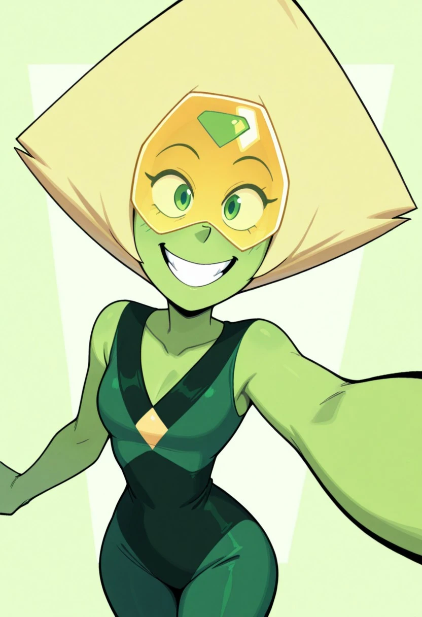 masterpiece, best quality, absurdres, highres, high quality, highly detailed
dynamic angle, foreshortening, 1girl, solo, standing, facing viewer, smiling, portrait, upper body,
peridotILL, green skin, yellow visor, green eyes, green forehead gem, diamond-shaped hair, yellow hair, sleeveless dark green and black bodysuit, v-neck body suit