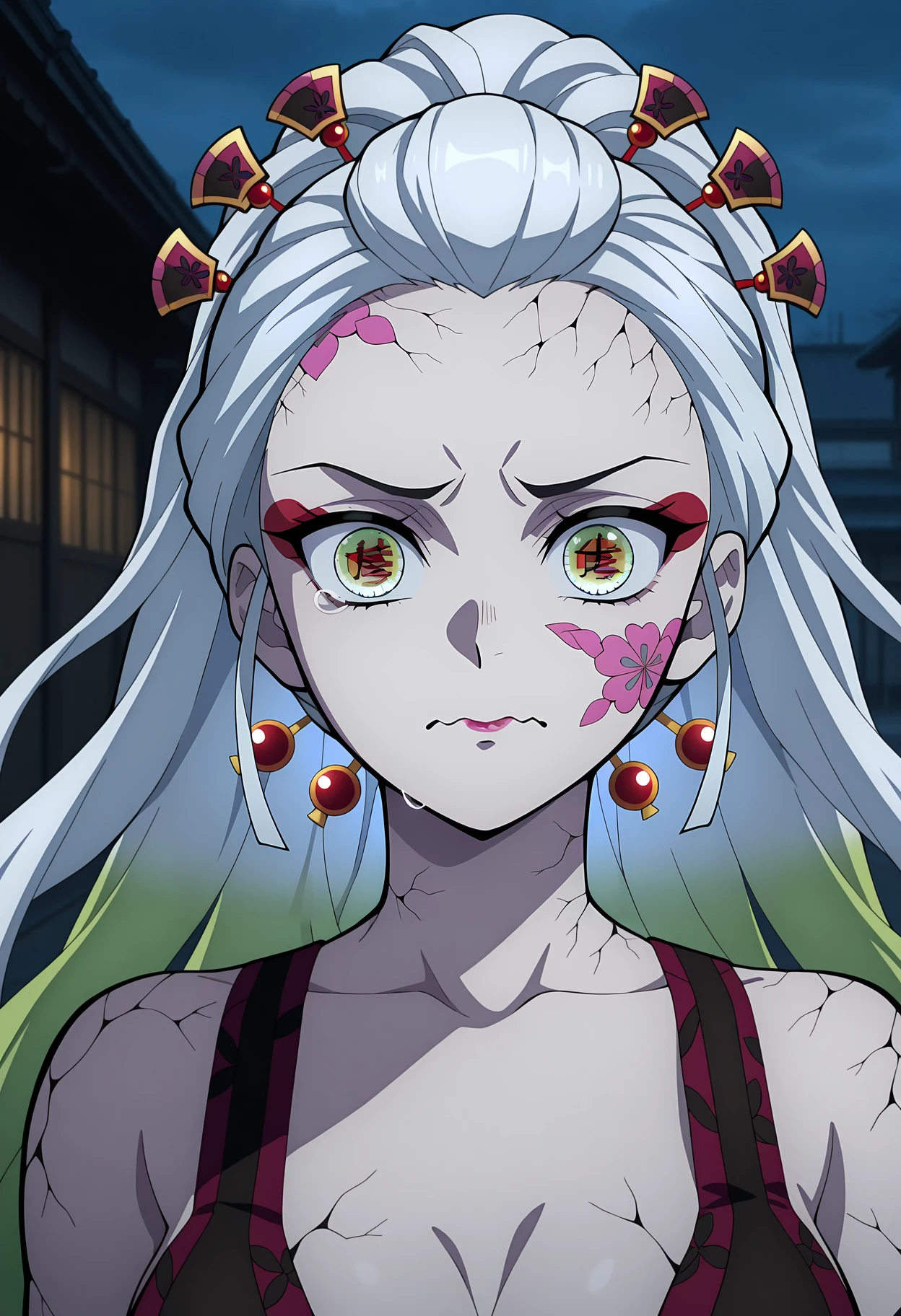 anime screencap, masterpiece, best quality,
<lora:KimetsuNoYaiba_Daki_IlluXL:0.9>,
1girl, solo, tearing, wavy mouth, closed mouth,
forehead, high ponytail, very long hair, multicolored hair, white hair, green hair, multicolored eyes, hair ornament, kanzashi, facial mark, lipstick, symbol in eye,
pale skin, cracked skin,
 shoulders, print bra, black bra,
close-up, looking at viewer,
outdoors, blurry background, photo background, night, overcast, building, wood, dark