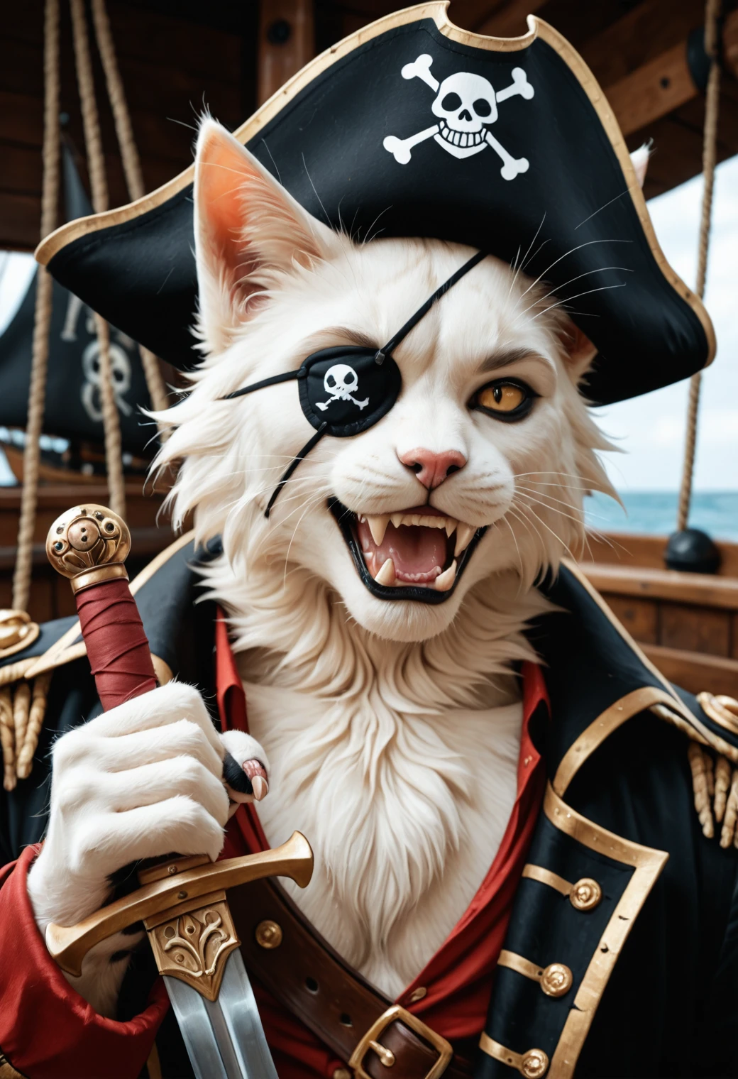 kftenhance, masterpiece, best quality, amazing quality, realistic, 1boy, solo, anthro, furry, cat, pirate captain, evil, fangs, eyepatch, holding sword, pirate ship, paws, cat ears, portrait