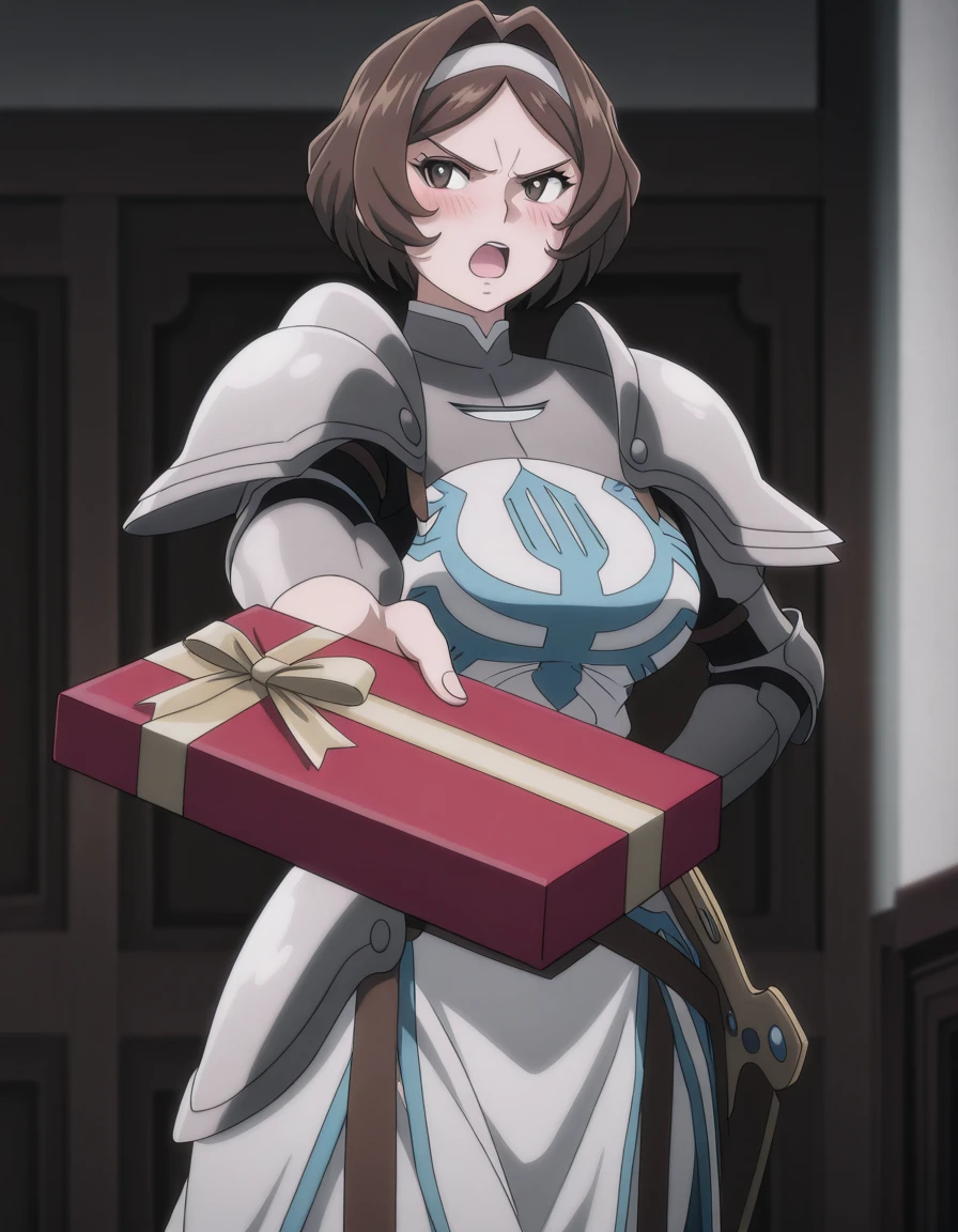 masterpiece, best quality, amazing quality,, <lora:remedios-custodio-movie3-illustriousxl-lora-nochekaiser:1>, remedios custodio, short hair, brown hair, brown eyes, hairband, hair intakes, mature female, breasts, anime screencap, <lora:tsundere-illustriousxl-lora-nochekaiser:1>, tsundere, giving, outstretched arm, gift, blush, open mouth, looking away, cowboy shot,