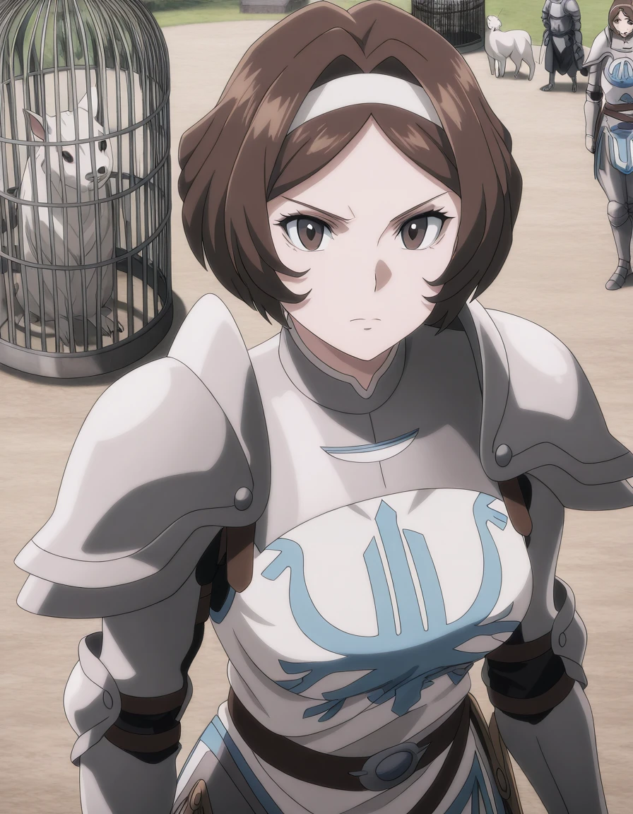 masterpiece, best quality, amazing quality,, <lora:remedios-custodio-movie3-illustriousxl-lora-nochekaiser:1>, remedios custodio, short hair, brown hair, brown eyes, hairband, hair intakes, mature female, breasts, anime screencap, armor, shoulder armor,, from above,, zoo, animals, cages, visitors, park, cowboy shot, solo, looking at viewer