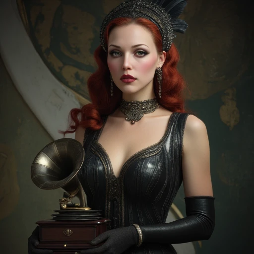 Arcane Decopunk Fantasy, The image shows a woman in a black dress holding a gramophone with a wall in the background. She has a human face and is wearing a necklace., 1girl, jewelry, breasts, solo, earrings, necklace, realistic, long hair, feathers, red hair