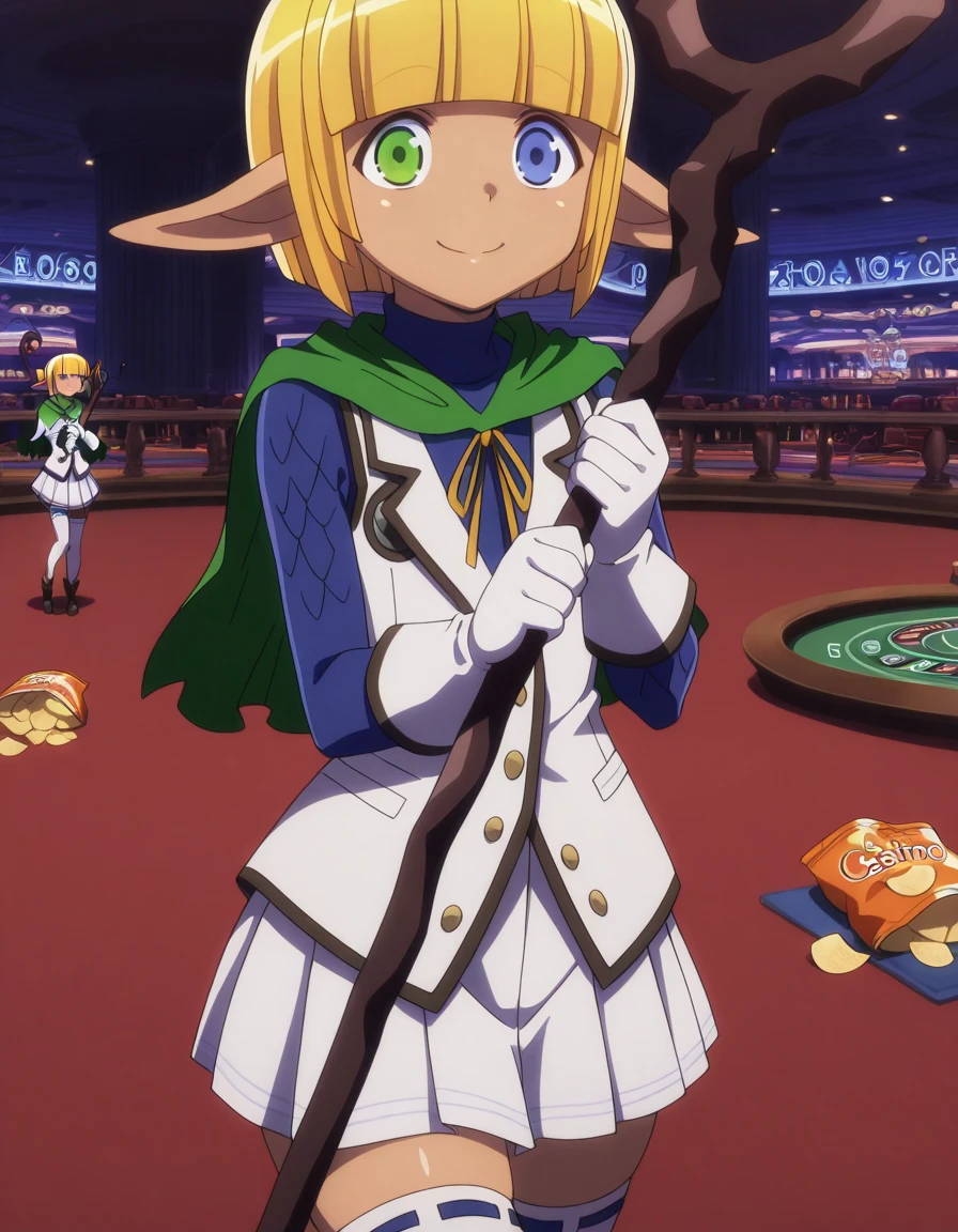 masterpiece, best quality, amazing quality,, <lora:mare-bello-fiore-s1s2-illustriousxl-lora-nochekaiser:1>, mare bello fiore, short hair, bangs, blue eyes, blonde hair, green eyes, pointy ears, blunt bangs, heterochromia, elf, otoko no ko, dark elf, anime screencap, skirt, thighhighs, gloves, pleated skirt, white gloves, cape, white thighhighs, zettai ryouiki, capelet, staff, crossdressing, holding staff,, smile, casino, games, lights, chips, luck, cowboy shot, solo, looking at viewer
