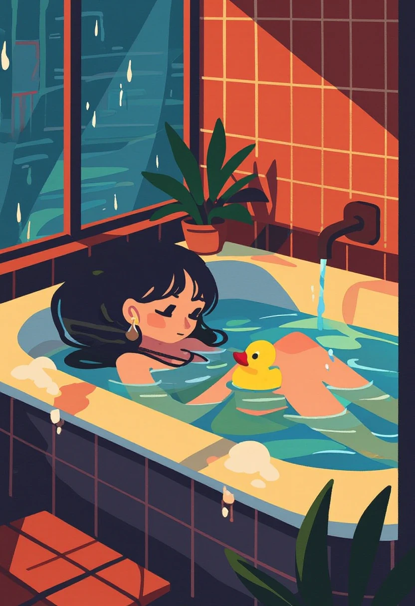flat color, no lineart, original, artist:ponsuke kaikai, 1woman, bathtub, rubber duck, solo, tile wall, long hair, wide shot, earrings, window, partially submerged, indoors, potted plant, bathing, water, black hair, necklace, bathroom, shower head, shadow,
masterpiece, best quality, very aesthetic, absurdres