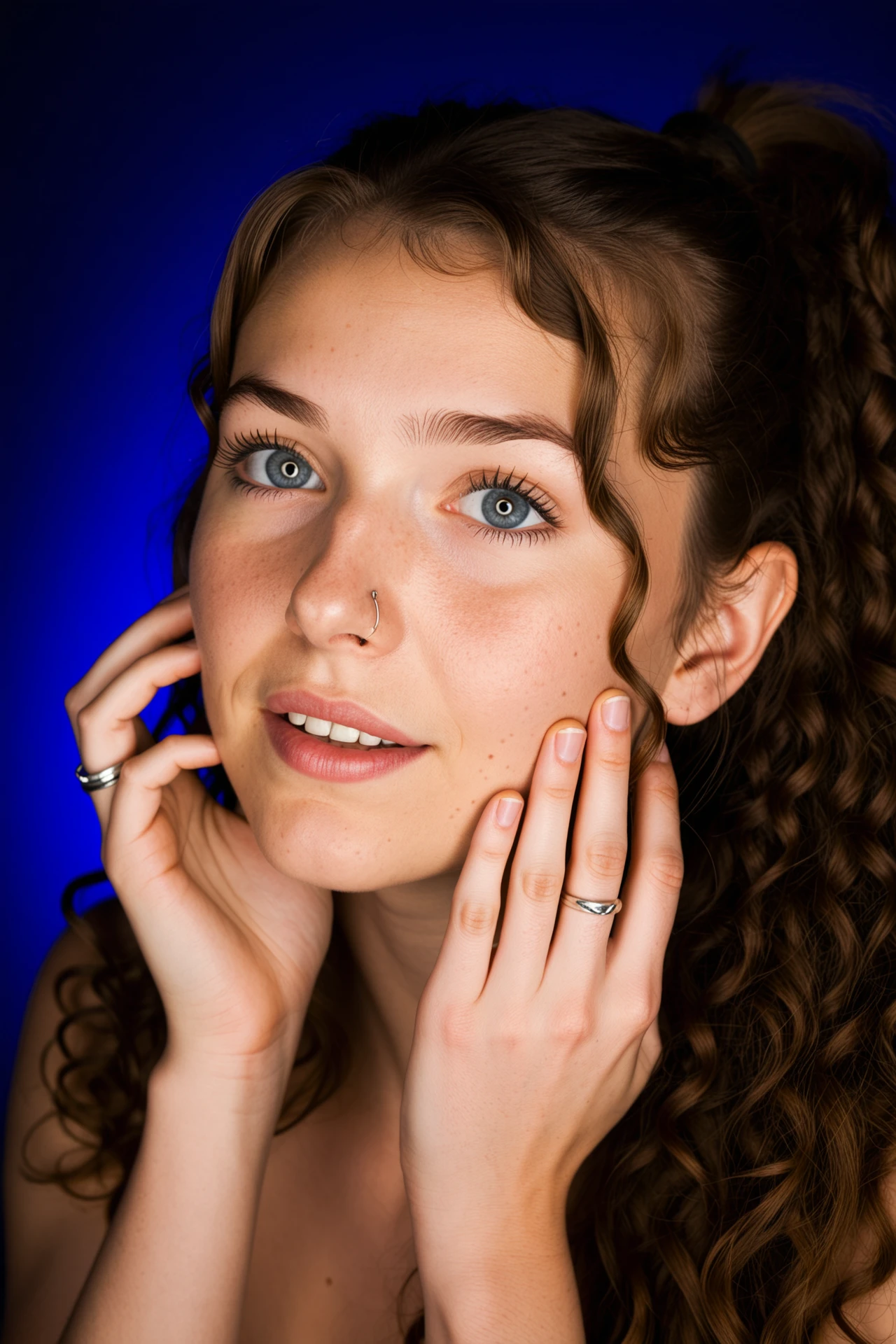 Ring flash, rim light, led lights, studio flash, texture, skin pores, photoshoot, , cute face, , , hands_on_own_cheeks,
blue eyes,nose ring,extra long, curly hairs,High Ponytail cut, style,Admiring Respect expression, Soft gaze, slight smile, nodding, Cowboy Shot, hip level view, , , , ,
, unimaginable beauty, , ,, <lora:dmd2_sdxl_4step_lora_fp16:1.0>, <lora:subtle-lighting1-xl25:0.75>, <lora:dark:0.175>