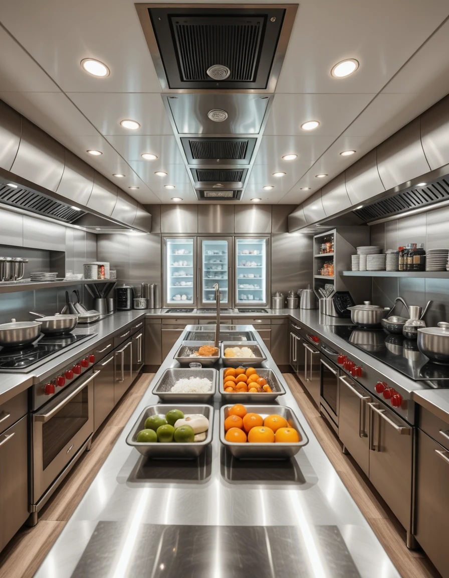 A state-of-the-art kitchen in a five-star hotel, completely empty and immaculately clean. The space features stainless steel countertops, commercial-grade stoves, double ovens, and induction cooktops, all polished to a shine. Overhead ventilation hoods and ambient lighting reflect off the sleek surfaces. A central prep island is neatly arranged with high-end cooking tools, bowls, and fresh ingredients ready for use. Along the walls, refrigerated drawers, walk-in coolers, and shelves stocked with spices and gourmet supplies are perfectly organized. The atmosphere is calm, professional, and ready for elite culinary service â a luxurious space awaiting its chefs.
,hotel k1tch3n <lora:hotel_k1tch3n-i:1>, Masterpiece,best quality,hi res,8k,hi res,8k,award winning,(sharp focus, intricate, highly detailed),