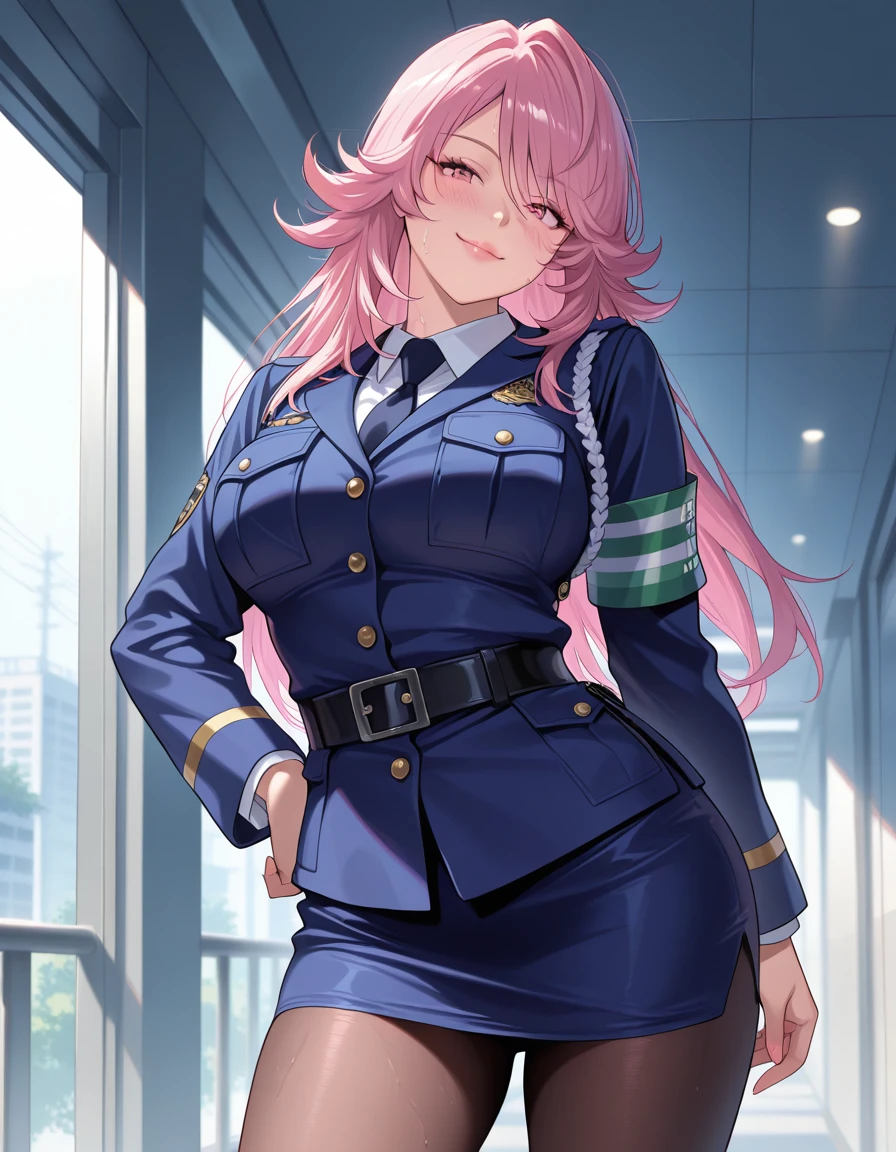 masterpiece、highest quality、Very detailed、Photograph the upper body、1 female、(Put your arms behind your back:1.2)、Are standing、Turn your body forward、View your viewers、(police woman:1.2)、break,blush、shy、Pink Hair、Open your mouth、In town、Big Breasts、